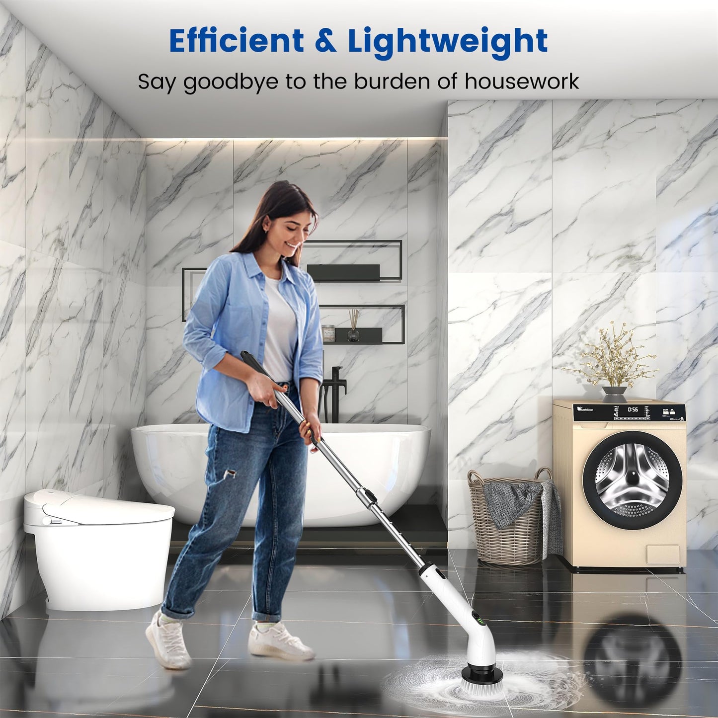 Keimi Electric Spin Scrubber, New Full-Body IPX7 Waterproof Cordless Bathroom Scrubber with 8 Replaceable Heads, Upgraded Extension Handle, Shower Cleaning Brush for Bathtub, Tile, Floor, Black