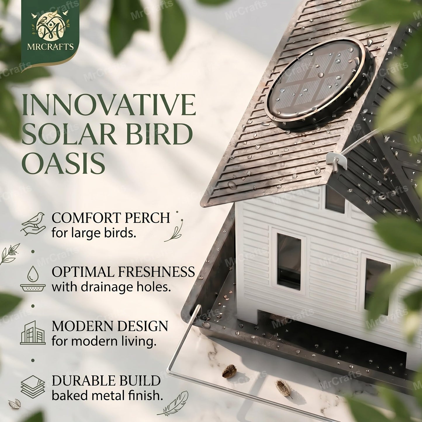 MrCrafts Solar Bird Feeder for Outside Hanging, Metal Solar Bird Feeders, Wild Bird Feeder House for Cardinals, Finches, Chickadees, Large Capacity, Weatherproof and Durable