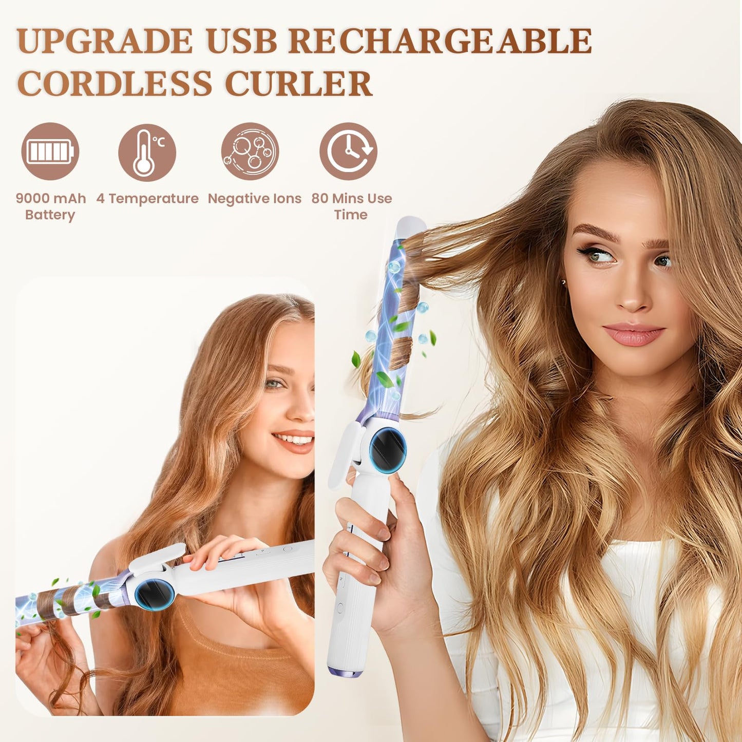 9000 mAh Rechargeable Cordless Curling Iron, Up to 400°F USB 28MM Cordless Hair Curlers Wireless Curling Wand with 4 Temps, 80 Mins Use Time Portable Ceramic Travel Curling Iron for Short & Long Hair