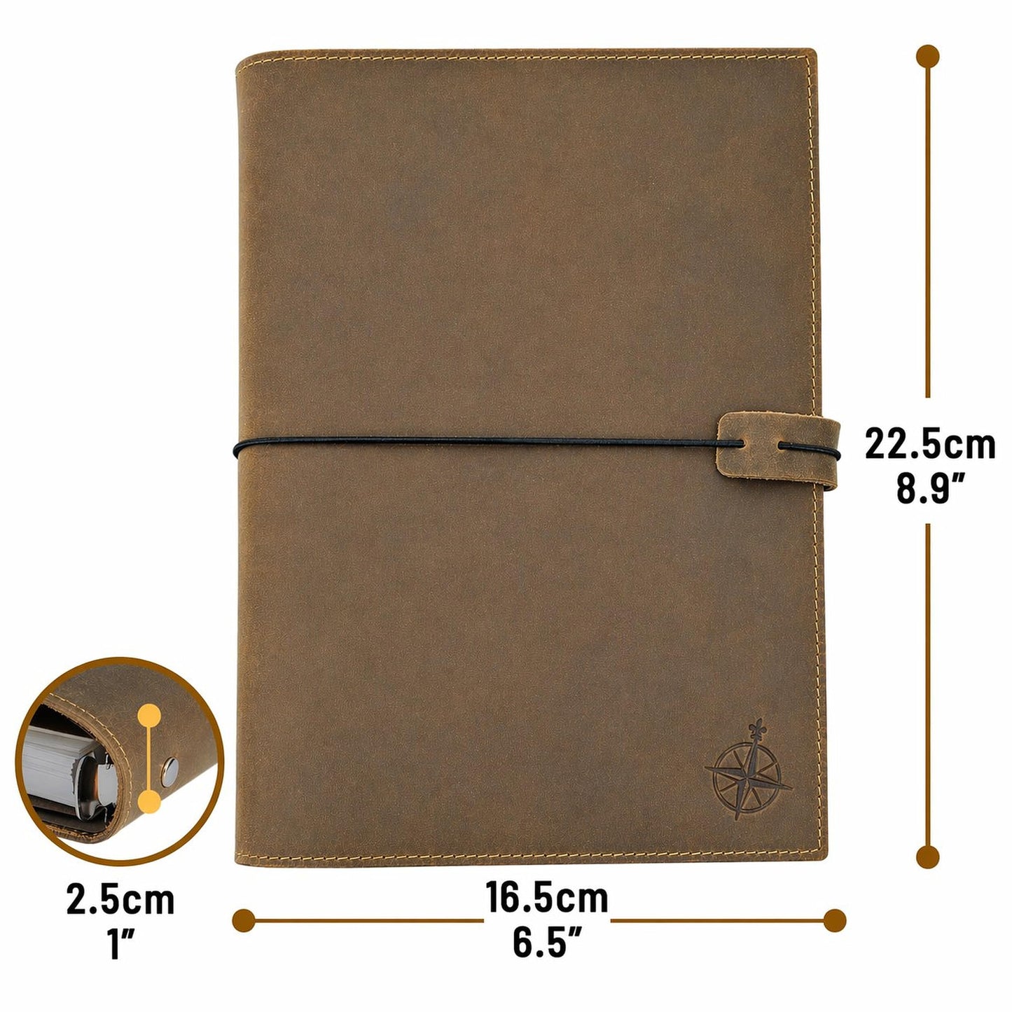 Wanderings A5 Leather Binder Planner - Refillable 6 Ring Journal with Inner Pockets - Hand-Crafted Genuine Leather Organizer- Filofax Compatible. 2026/27 Monthly Weekly Calendar with Notes - 6.75" x 9" (17 x 22.5cm)