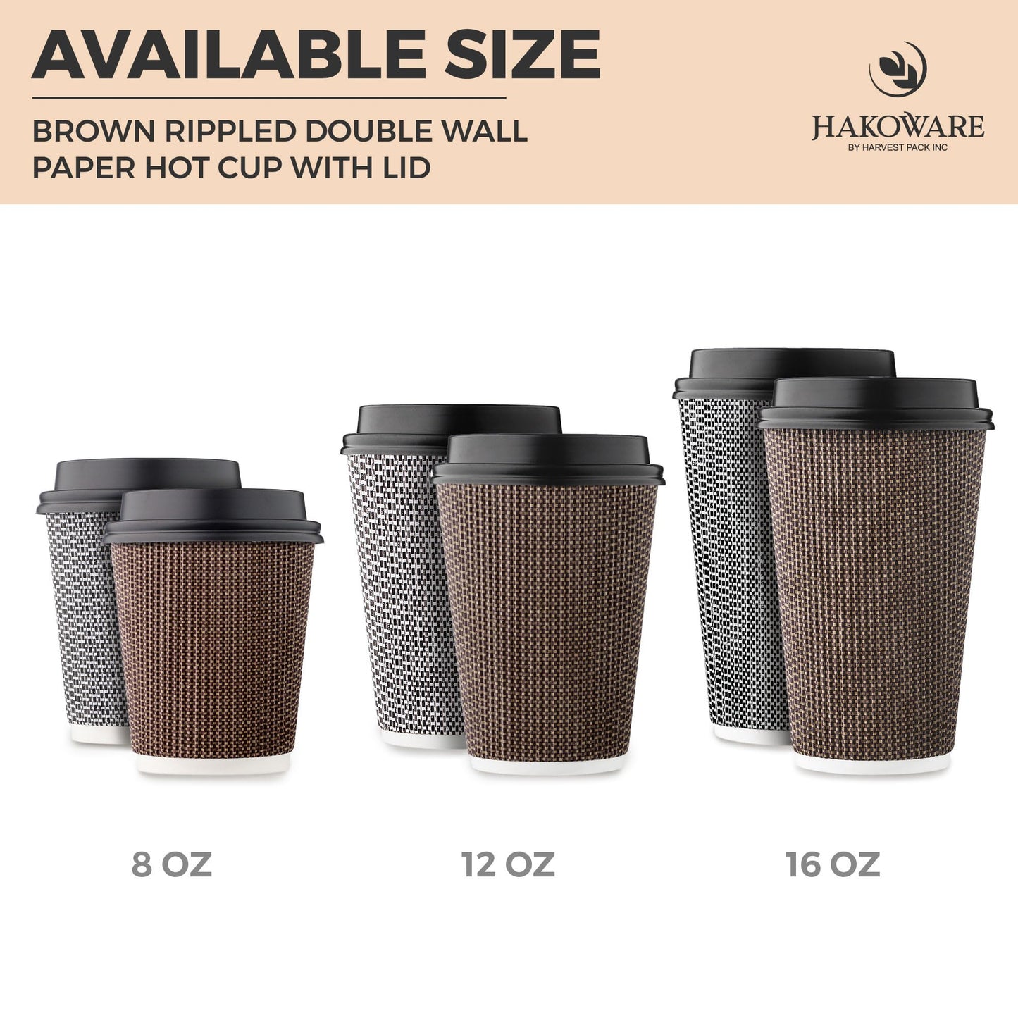 [150 Set] Harvest Pack 8 oz Disposable Coffee Cups, Insulated Ripple Double-Walled Paper Cup with Lid, Brown Geometric, Tea Hot Chocolate Drinks to go Coffee Cups