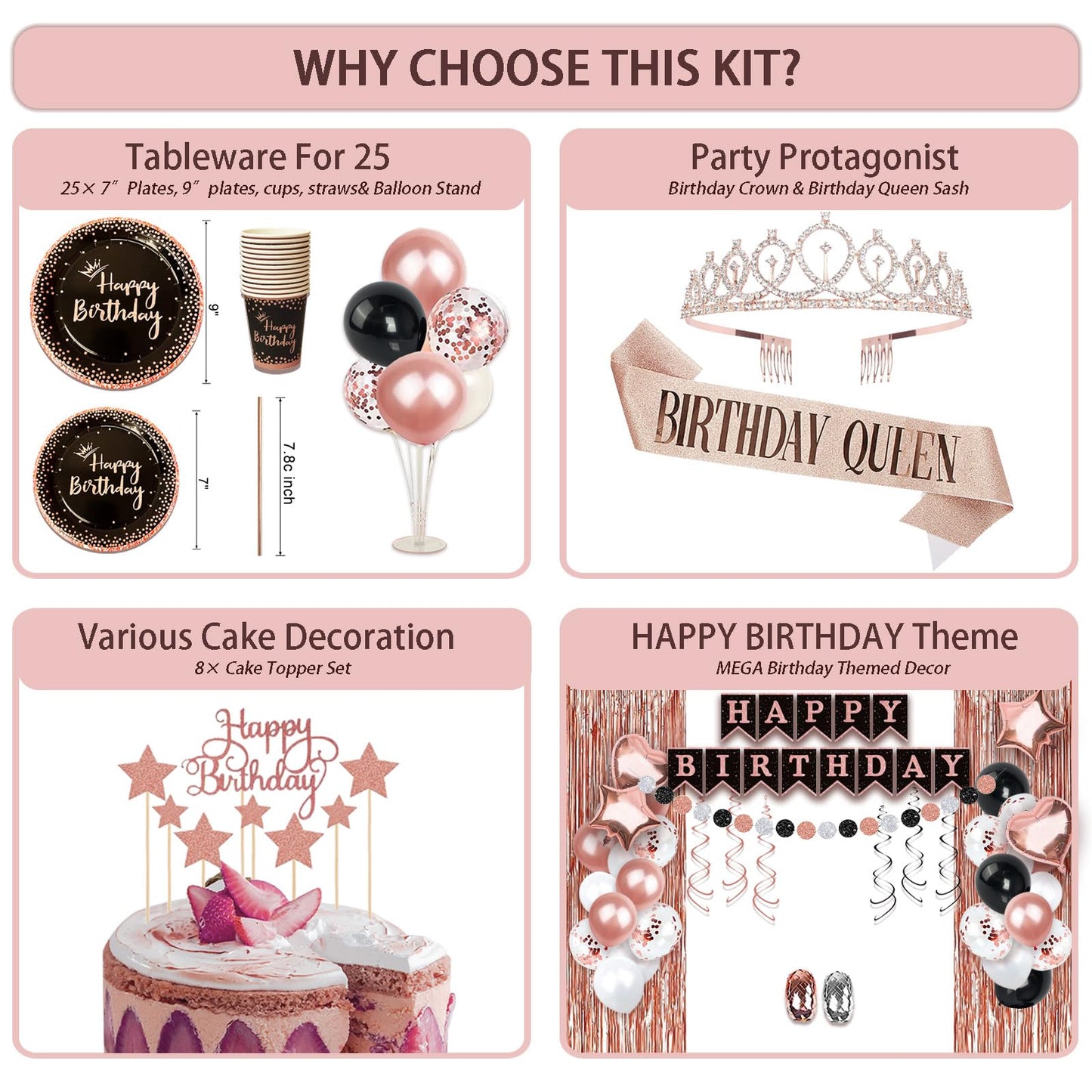 Birthday Decorations For Women, 229 Pcs Rose Gold and Black Happy Birthday Supplies - Disposable Dinnerware Set with 25 Guest, Balloons, Sash, Tiara, Banner, Fringe Curtain, Photo Booth Props