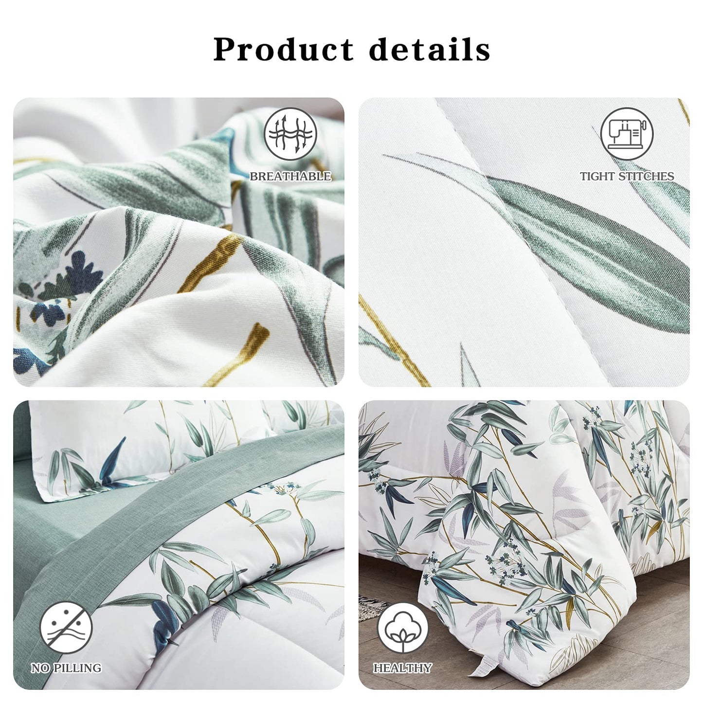 7 Pieces Bed in a Bag King Comforter Set with Sheets, Green Leaves on White Botanical Design Bedding Sets for All Season (1 Comforter, 2 Pillow Shams, 1 Flat Sheet, 1 Fitted Sheet, 2 Pillowcases)