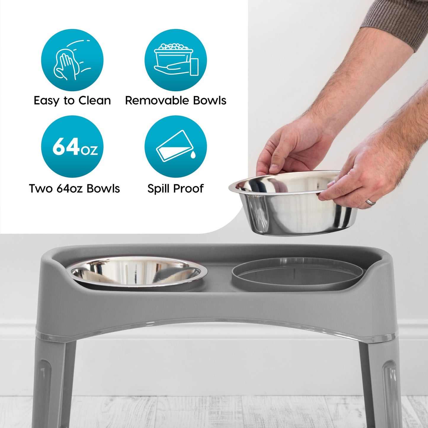 IRIS USA Elevated Dog Bowls, Adjustable Height, 2 Thick 1.9 L Stainless Steel Bowls, Spill-Proof with Raised Outer Rim, Durable Plastic, Easy Assemble, 2 Heights 11.8 or 31.1 cm, Dark Gray