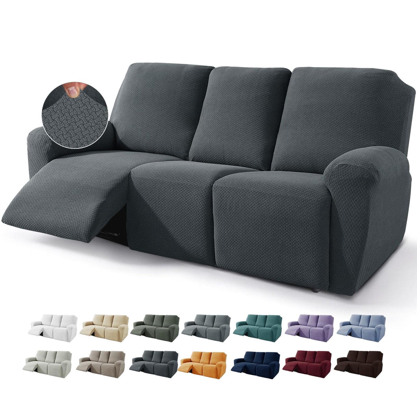 JIVINER Design 8 Piece Recliner Sofa Cover Stretch Jacquard Reclining Couch Covers for 3 Seater Sofa Slipcovers for Living Room Soft Recliner Protector with Pocket (3 Seat, Dark Gray)