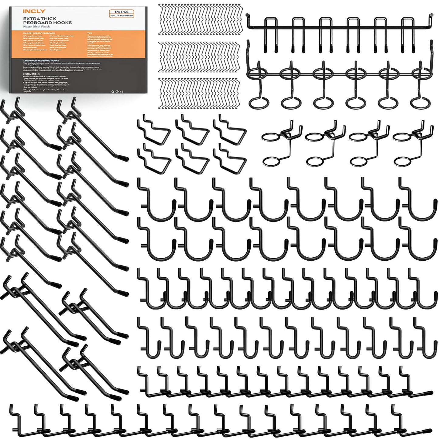 INCLY 176PCS Extra Thick Black Pegboard Hooks Set, 1/4" Heavy Duty Metal Peg Board Hook Assortment with Peg Lock Pegboard Accessories for Garage Wall Organizer Hanging Tools