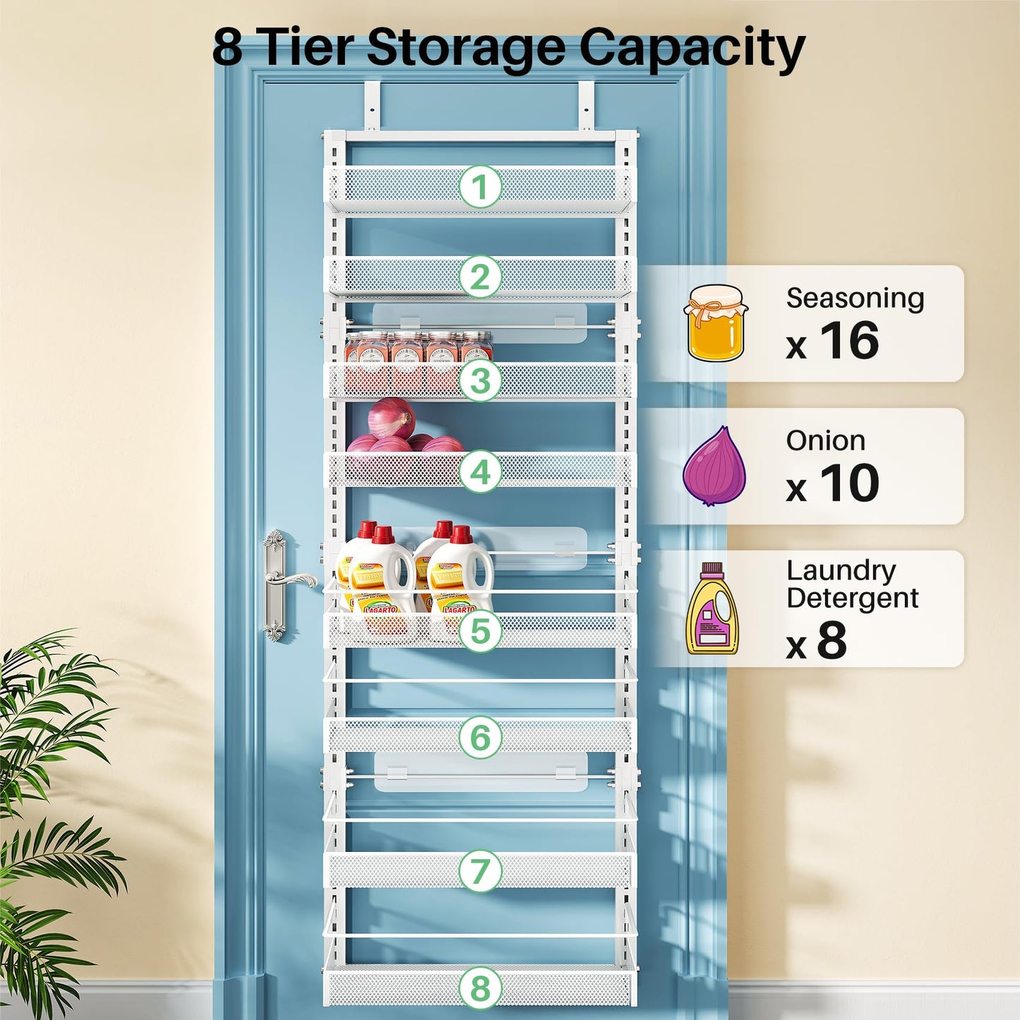 SNTD 8 Tiers Over the Door Organizer - Height Adjustable Pantry Organizers and Storage with Dense Mesh Baskets, Anti-Swing Hanging Door Spice Rack for Kitchen Bathroom (White, 17" W x 6" D x 69" H)