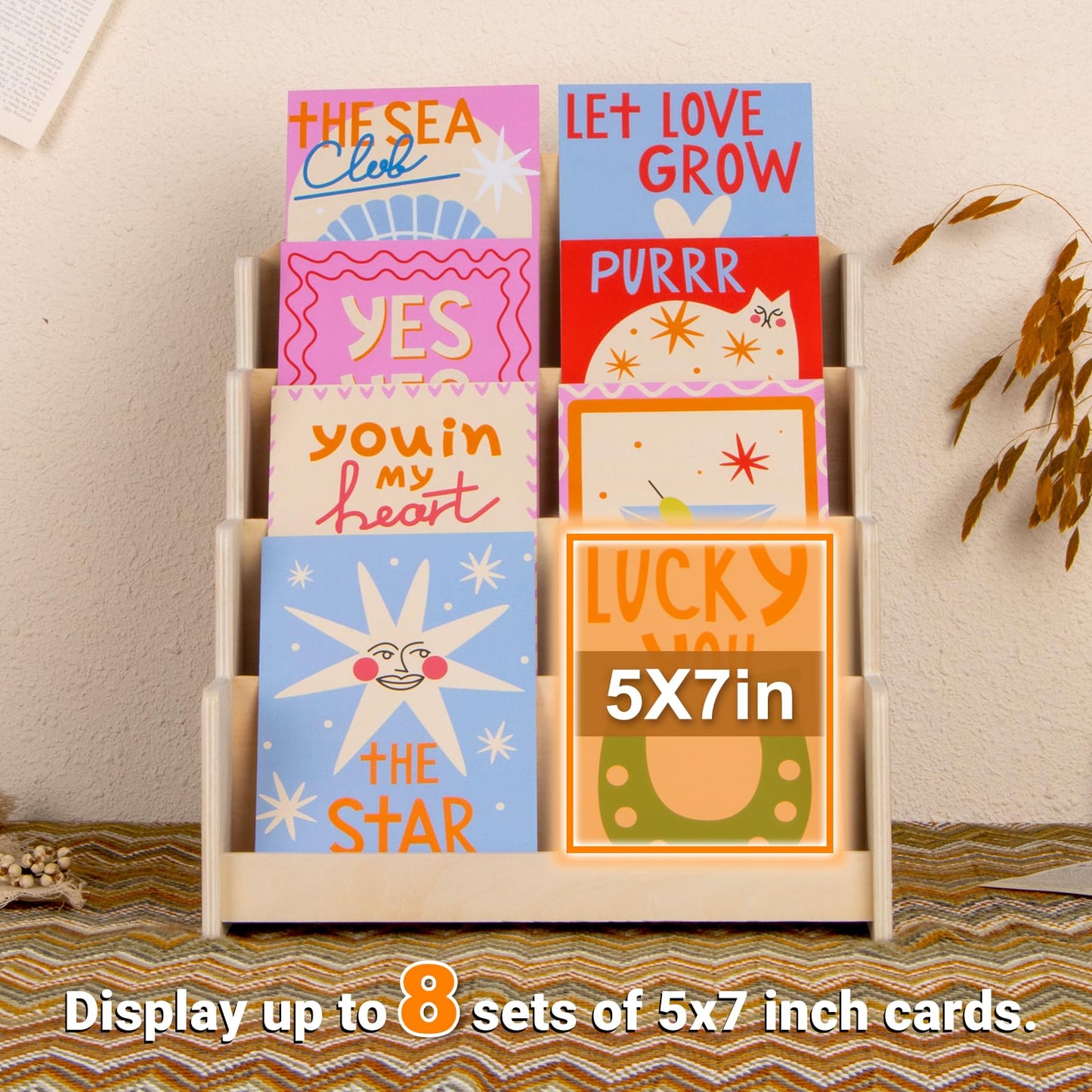 Greeting Card Display Stand, Wooden 4-Tier Postcard Display Stand Holder for Sticker, Vendors, Retail Stores, Beige