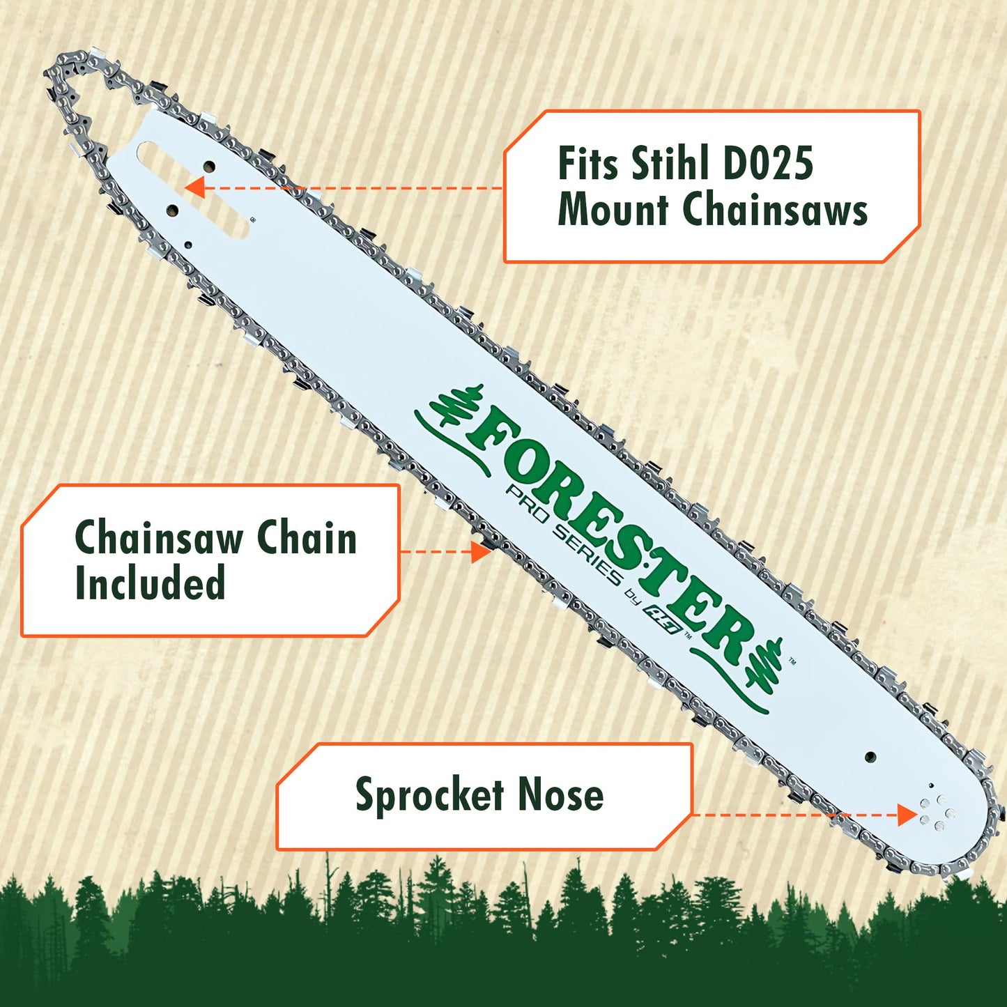 FORESTER 20" Replacement Chainsaw Bar & Chain Combo - 20in Length, 3/8” Pitch, .050 Gauge, D025 Mount, 72 Drive Link - Replacement Chain Saw Parts Kit for Stihl