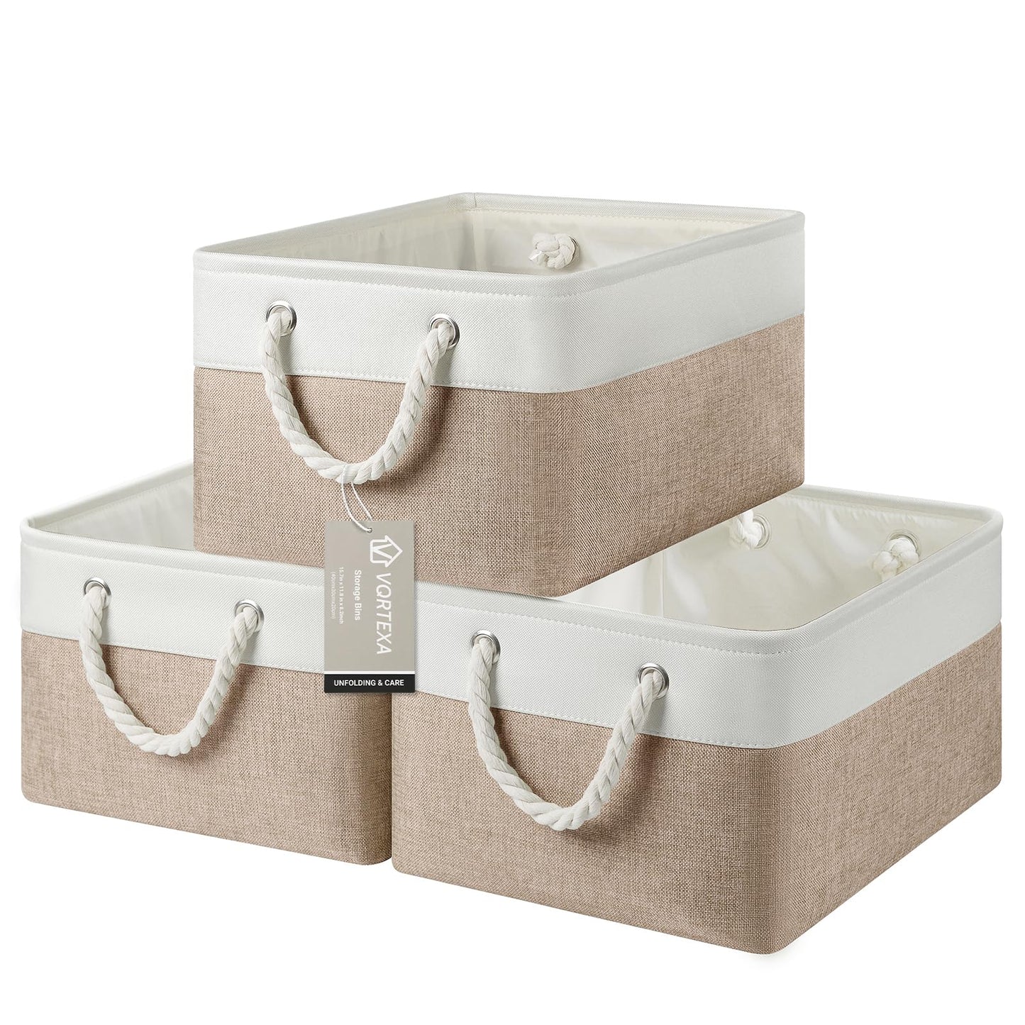 VQRTEXA Large Storage Baskets-Storage Bins for Shelves and Closet Organizing, Foldable Fabric Bin for Home Organization Clothes and Laundry (3-Pack, 15.7x11.8x8.26 Inch, White&Khaki)