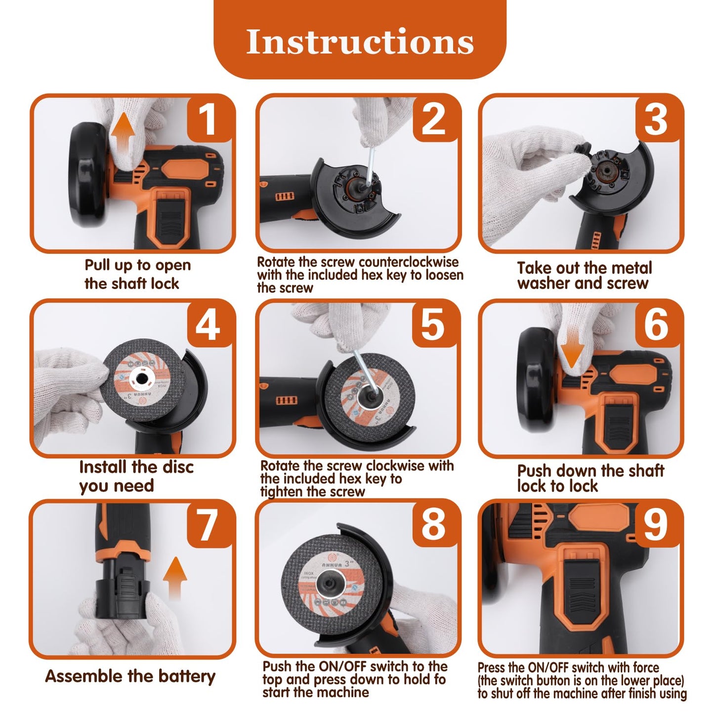 WODHMIEY Cordless Angle Grinder, Lightweight Brushless Motor, 19500RPM Venting Holes with Comfortable Rubber Handle for Grinding, Cutting, Polishing 75mm Blade Size