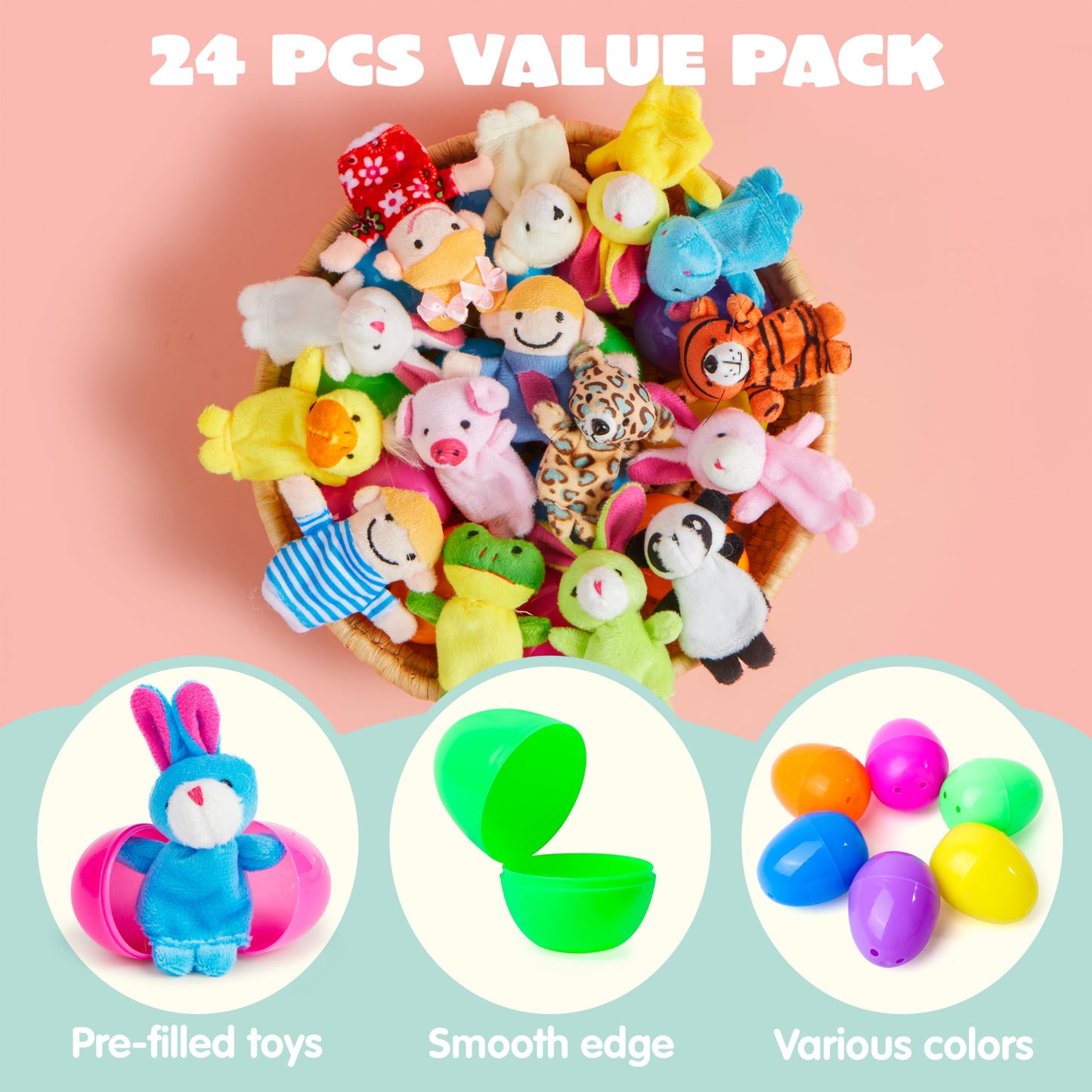 JOYIN 24 Pcs Easter Eggs Filled with Finger Puppets, Prefilled Easter Egg with Cartoon Animal Puppets for Kids Easter Eggs Hunt, Basket Stuffers Fillers, Party Favors and Classroom Prize Supplies