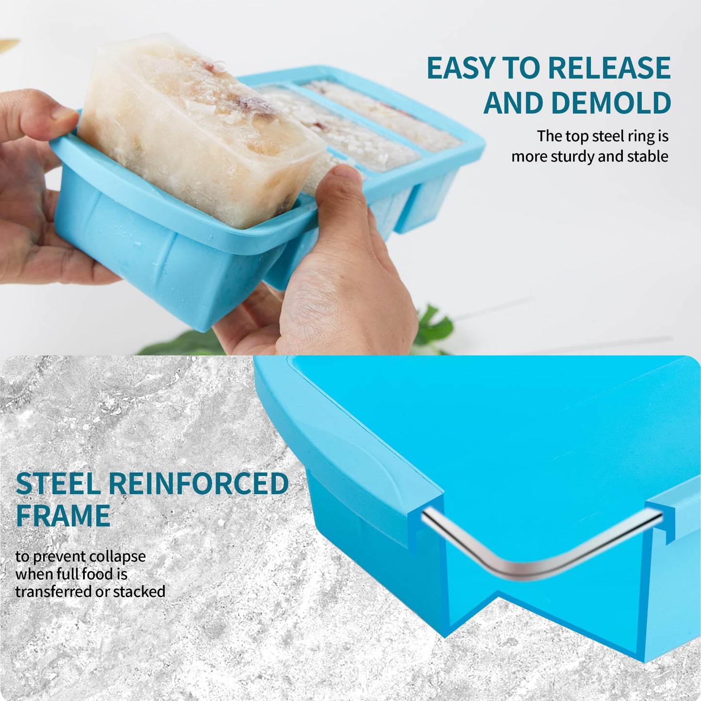 WENQING Silicone Freezer Tray with Lid 2 Pack Silicone Freezer Molds - Large Ice Cube Tray - Makes 8 Perfect 1 Cup Portions Soup Cubes Meal Prep Containers- Oven & Dishwasher Safe