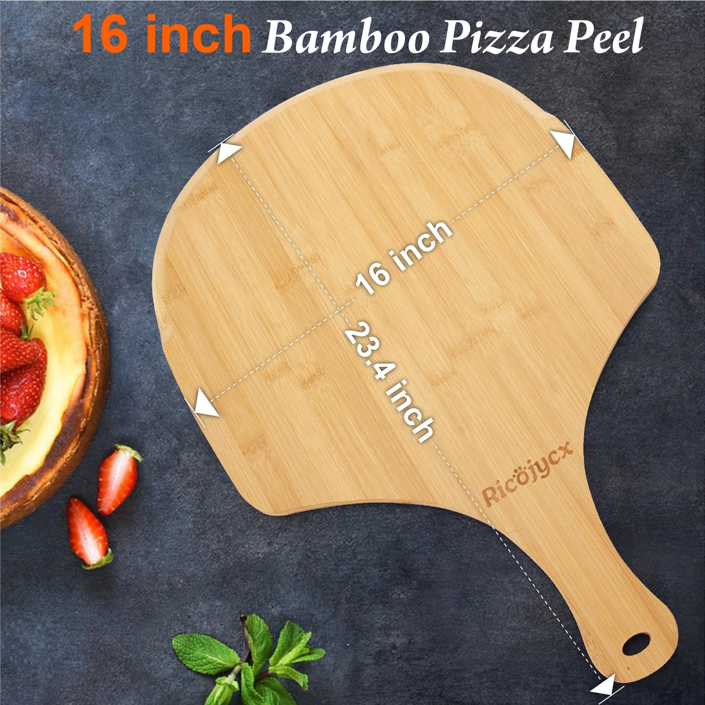 RICOJYCX 2 Pack Natural Bamboo Pizza Peel 16 inch, Wood Pizza Paddle, Cutting Board with Handle for Pizza, Bread, Cheese, Vegetable, Fruits