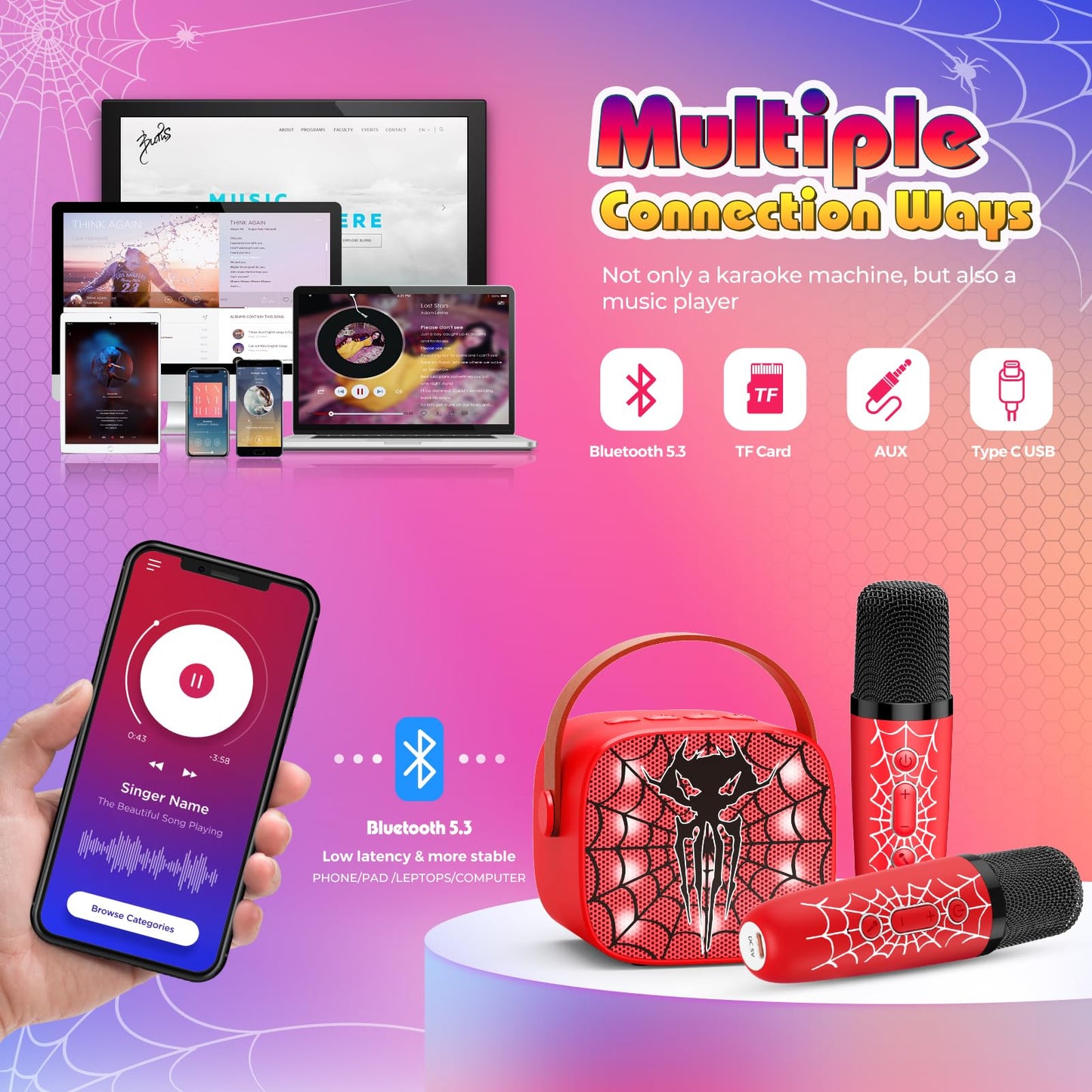 Spider Mini Karaoke Machine with 2 Mic, vicia 3 4 5 6 7 8 Year Old Boy Gifts Karaoke Microphone for Kids Toys for 4-6 6-8 8-12 Year Old Boys Christmas Birthday Gifts for Boys Girls Man Adult