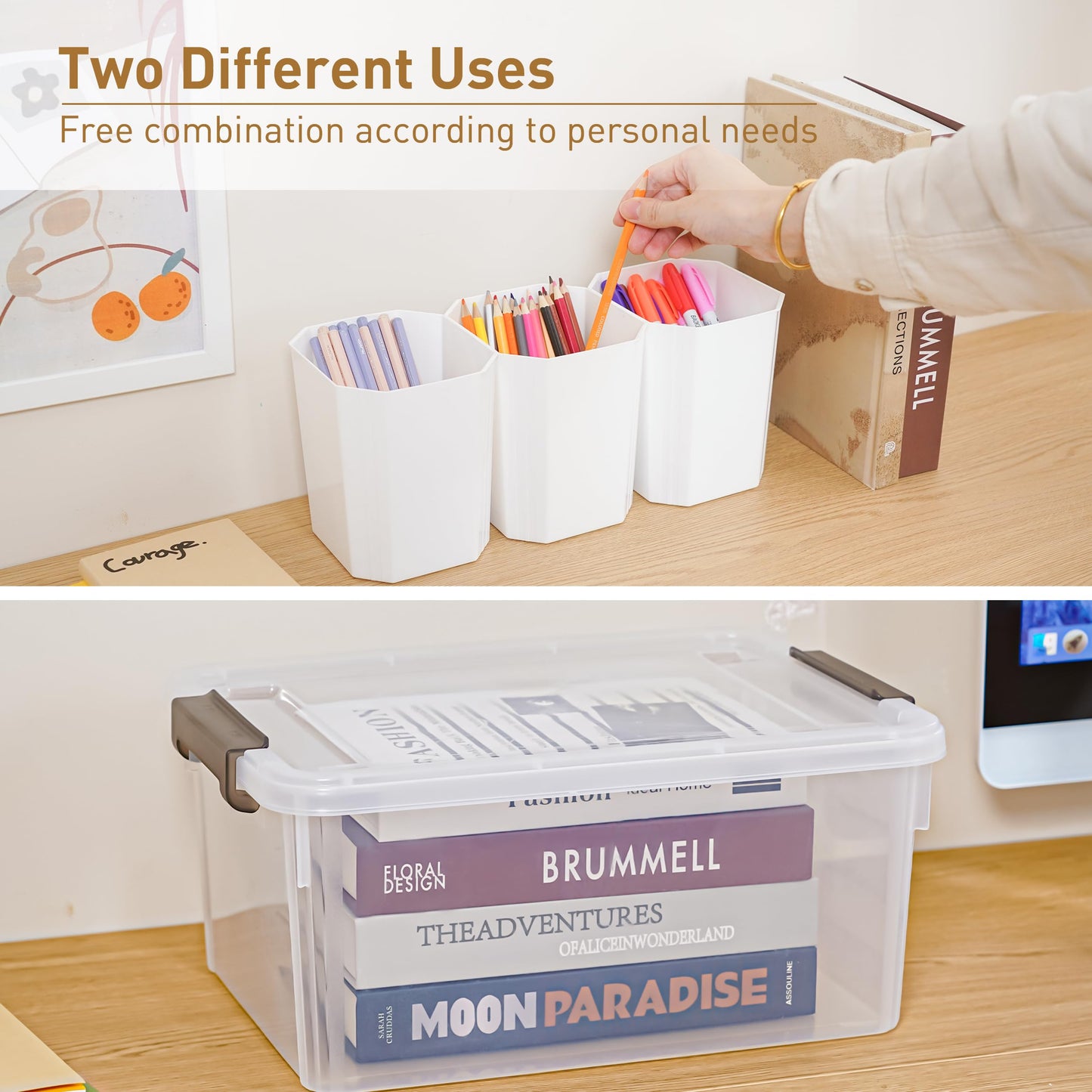 Citylife 17 QT Plastic Storage Bins with 6 Detachable Inserts Clear Storage Box with Lids Multipurpose Stackable Storage Containers for Organizing Crayon, Lego, Craft, 2 Packs