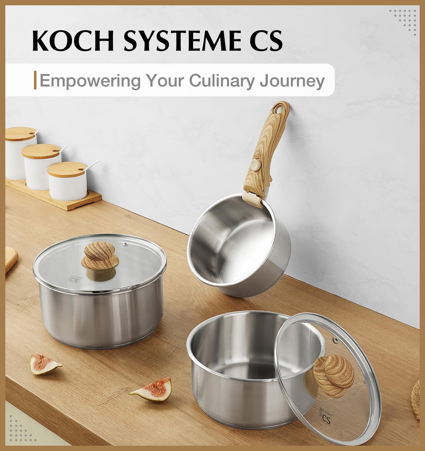 KOCH SYSTEME CS 6 PCS Stainless Steel Pot Set, 1.5QT & 2QT & 3QT Stainless Steel Saucepan with Removable Handle, Sauce Pan with Tri-Ply Steel Base, Induction Compatible, Dishwasher & Oven Safe