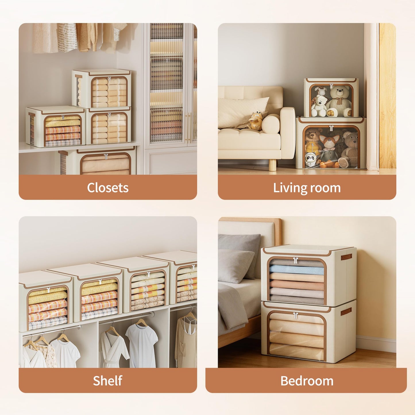 Yecaye 3 Pack Clothes Organizer with Metal Frame, 40L Foldable Storage Cabinet for Clothes, Stackable Metal Frame Storage Box with Lid, Linen Fabric Box Organizer with Clear Window, PU Handles,Beige