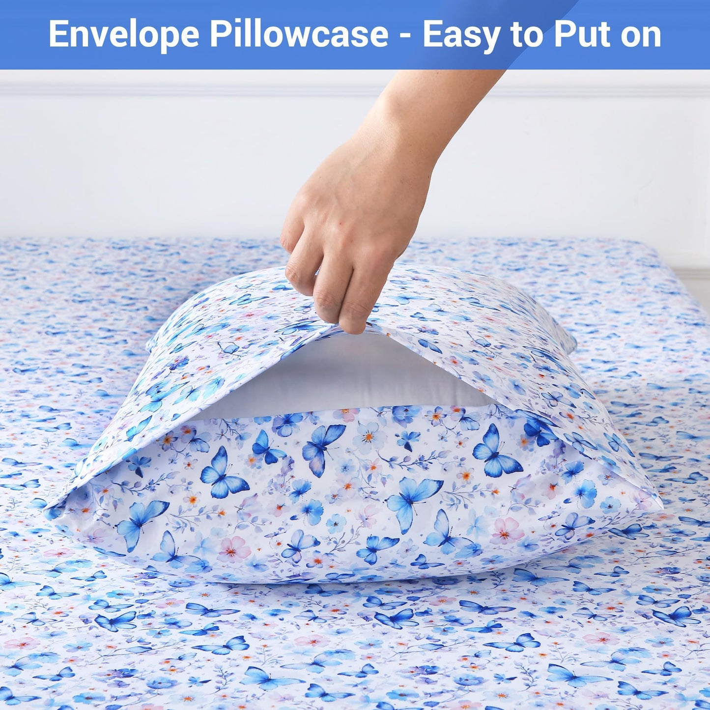 Softan Queen Floral Sheets, Microfiber Blue Flower Printed Fitted Sheets with Non-Slip Straps and 15" Deep Pocket, Butterfly Patterned Cozy Bed Sheets Queen, Buttertfly Sheets & Pillowcase Sets