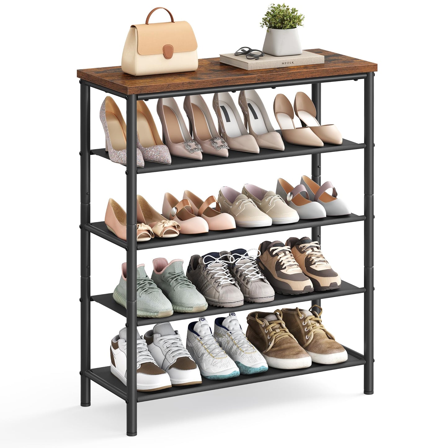 VASAGLE Shoe Rack, 5 Tier Shoe Storage Rack for 12-16 Pairs of Shoes, Shoe Organizer for Entryway, with 4 Fabric Shelves and Top Panel, Steel Frame, Rustic Brown and Black ULBS036B01