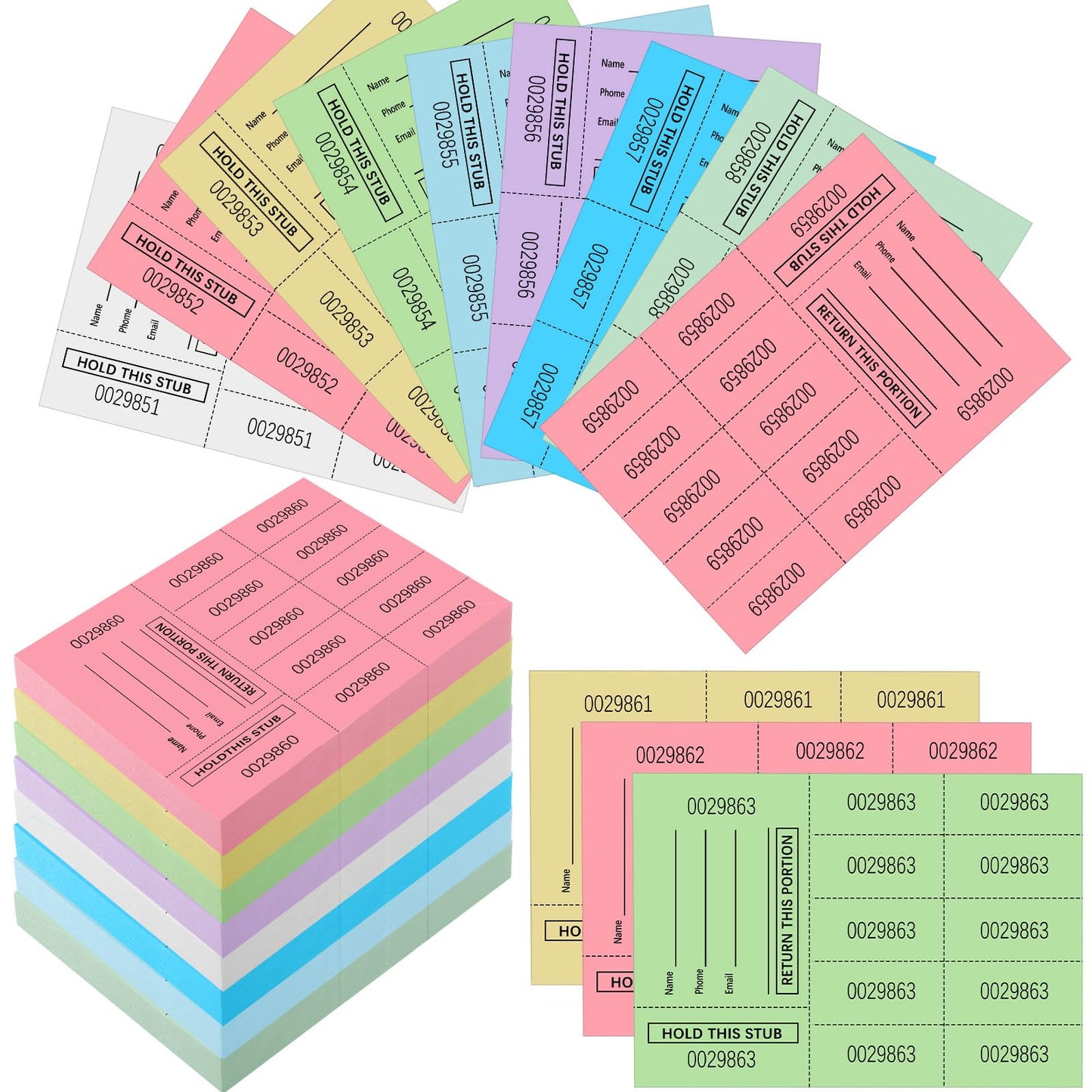 Kosiz 600 Sheet Raffle Ticket Sheet with 10 Bid Numbers Chinese Auction Ticket Unduplicated Basket for Silent Auction Classroom Church Fundraiser Event, 3.3 x 4.5 Inch(Multicolor)