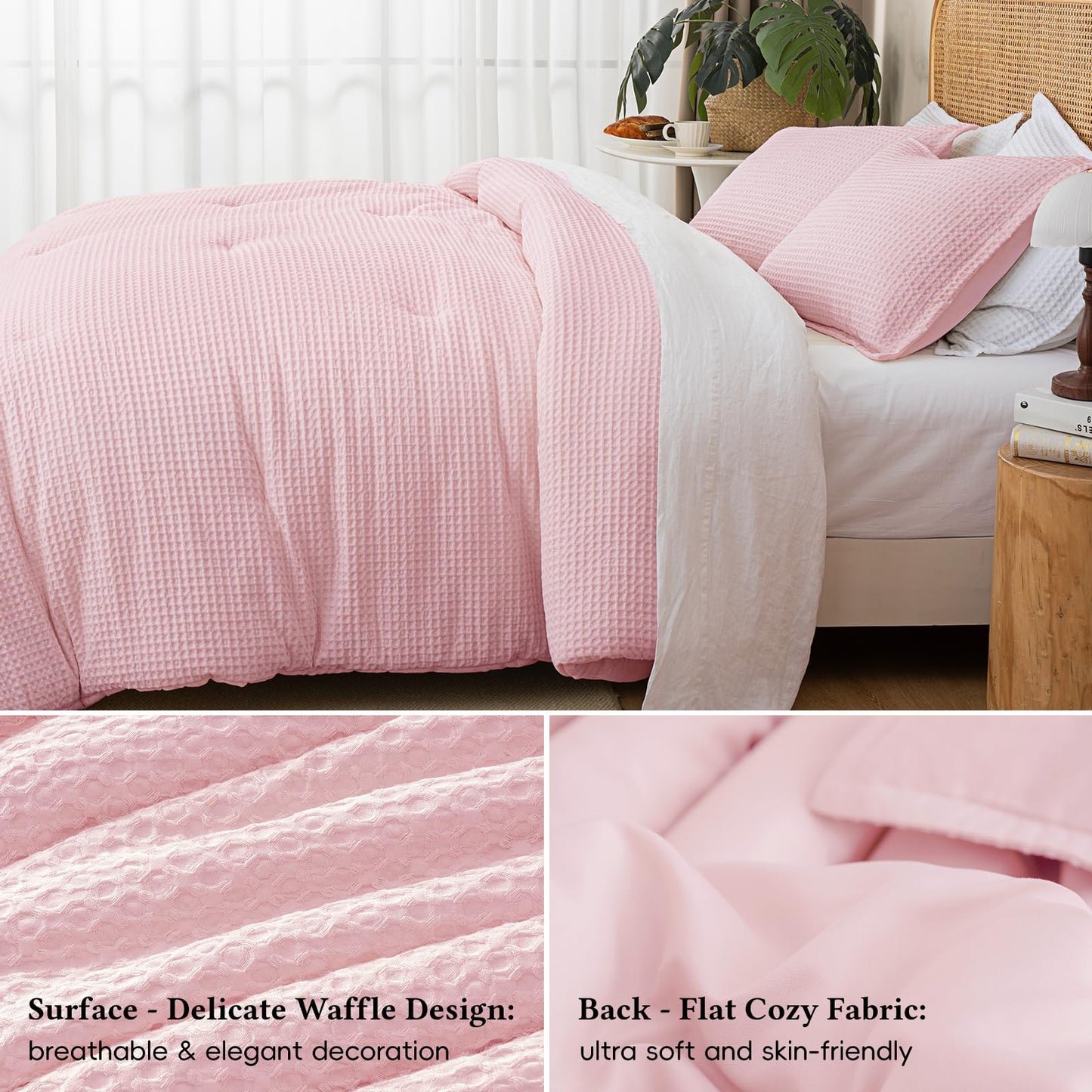 David's Home Waffle Weave Comforter Set 3PCS King Size, Soft Breathable Lightweight Warm for All Season, Elegant Aesthetic Home Decor Bedding Set Collection, 1 Comforter with 2 Pillow Shams, Pink