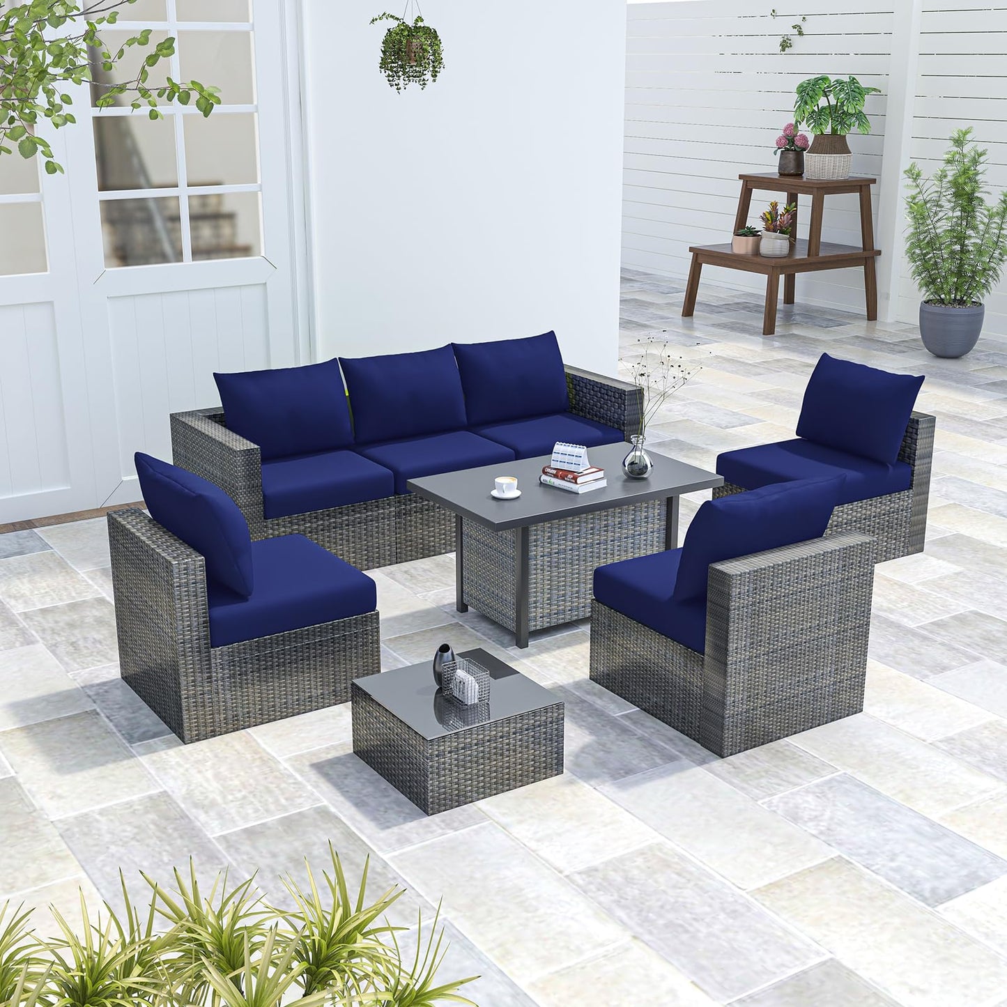 U'Artlines 8Pcs Stretch Patio Cushion Covers Replacement, Waterproof Elastic Outdoor Cushion Covers Washable Sofa Cushion Covers Slipcovers for Outdoor Furniture Backyard (Blue, Cover Only)