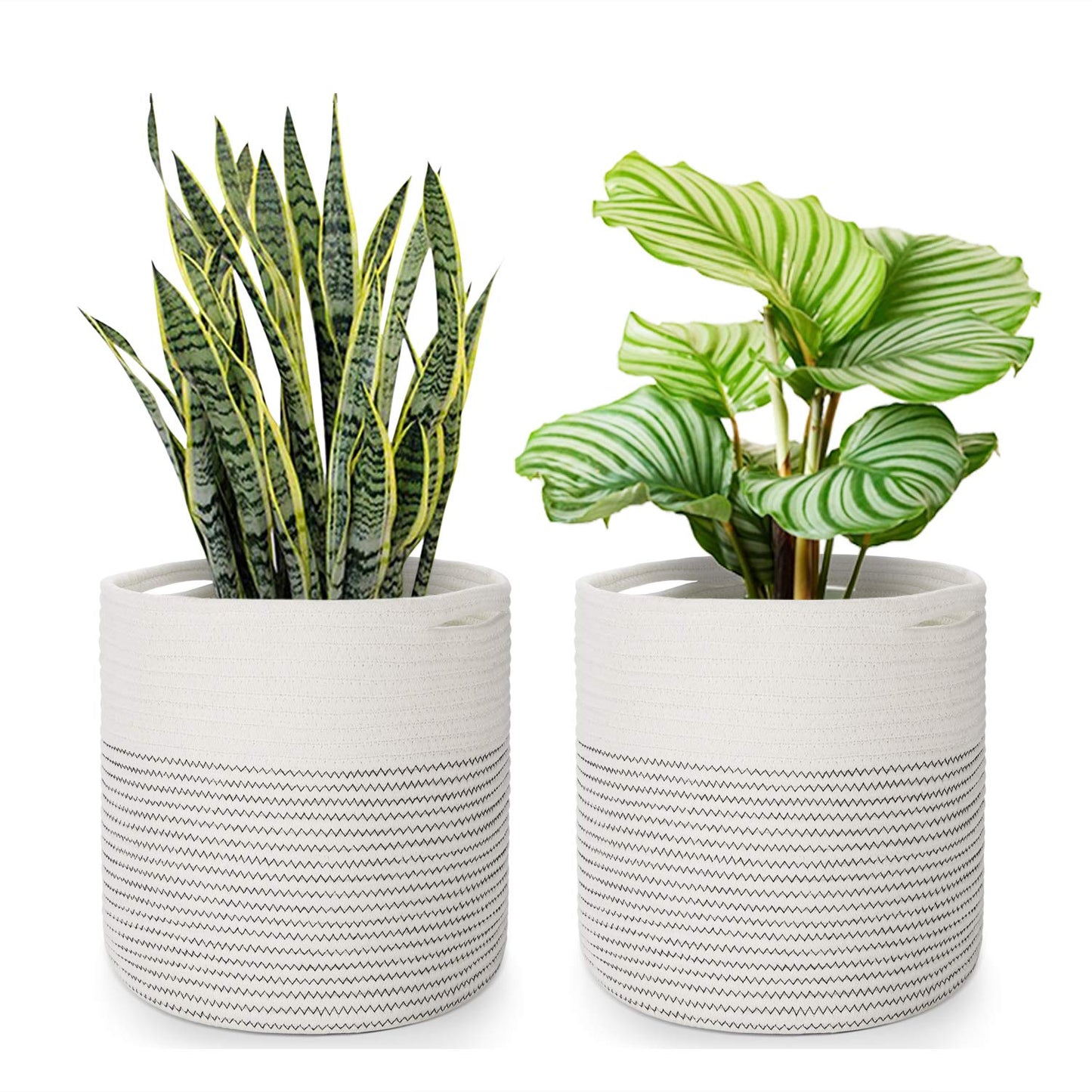 Flexzion Plant Basket (2 Pack) Modern Urban Boho Cotton Rope Basket Indoor Planter Holder (Up to 11 Inch Flower Pot) Macrame Woven Storage Organizer Bin with Handles Home Decor Storage 12" x 12"