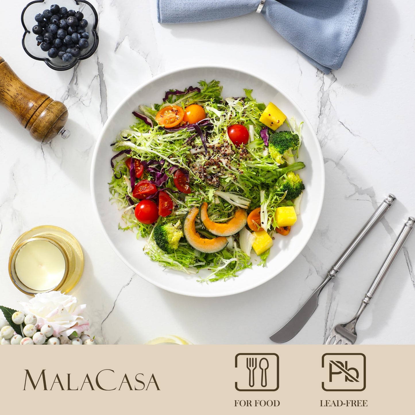MALACASA 10" Large Pasta Bowls, 56 OZ White Salad Bowls Soup Bowls, Porcelain Serving Bowls Set of 4, Large Salad Bowl Plates Pasta Plates, Microwave & Dishwasher Safe, Series Regular
