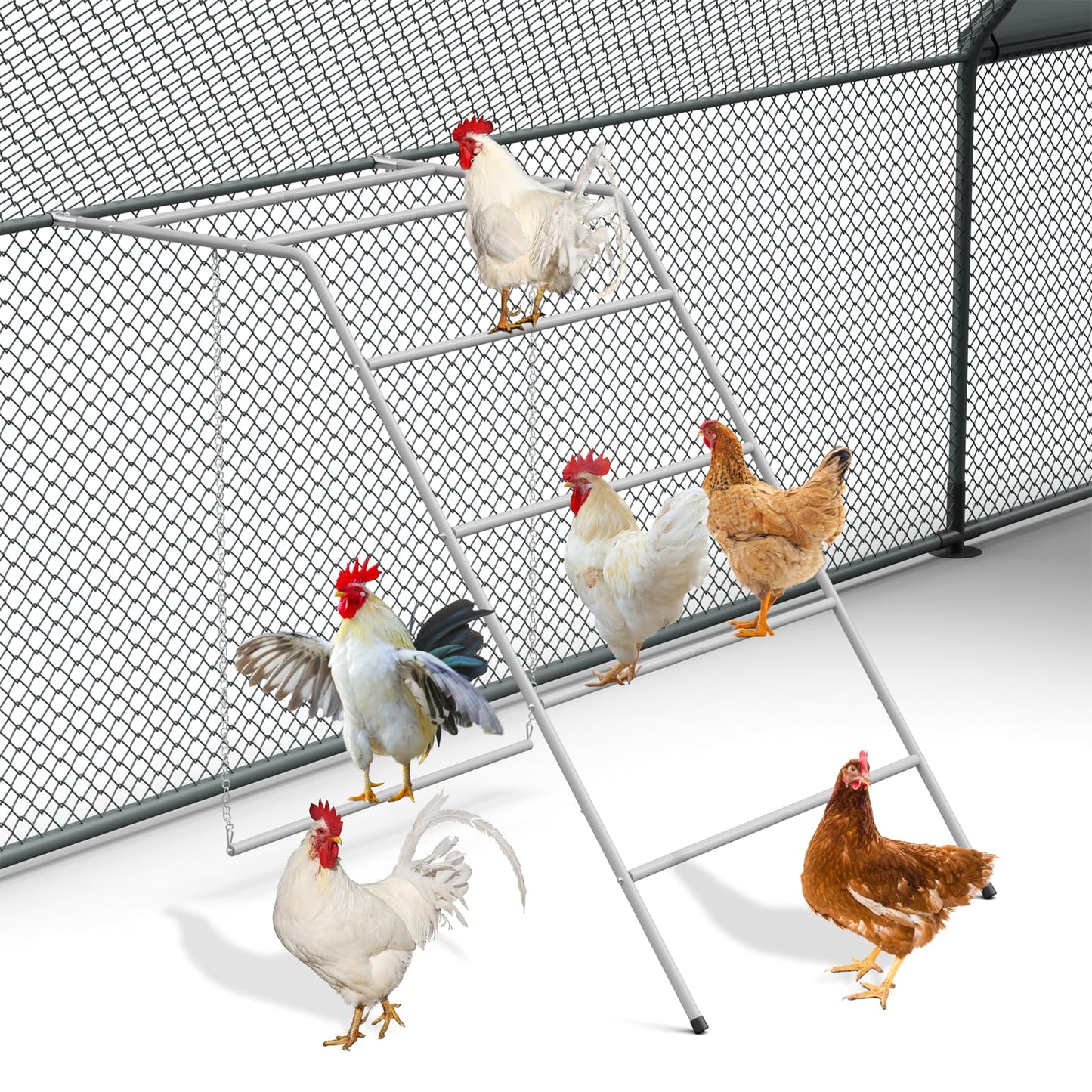 Chicken Coop Perches with Swing, Metal Chicken Roosting Bars, Chicken Run Toys Accessories for Backyard Poultry Habitat Supplies, Hen Perch for Coop, Farm Chick Ladder, Grey
