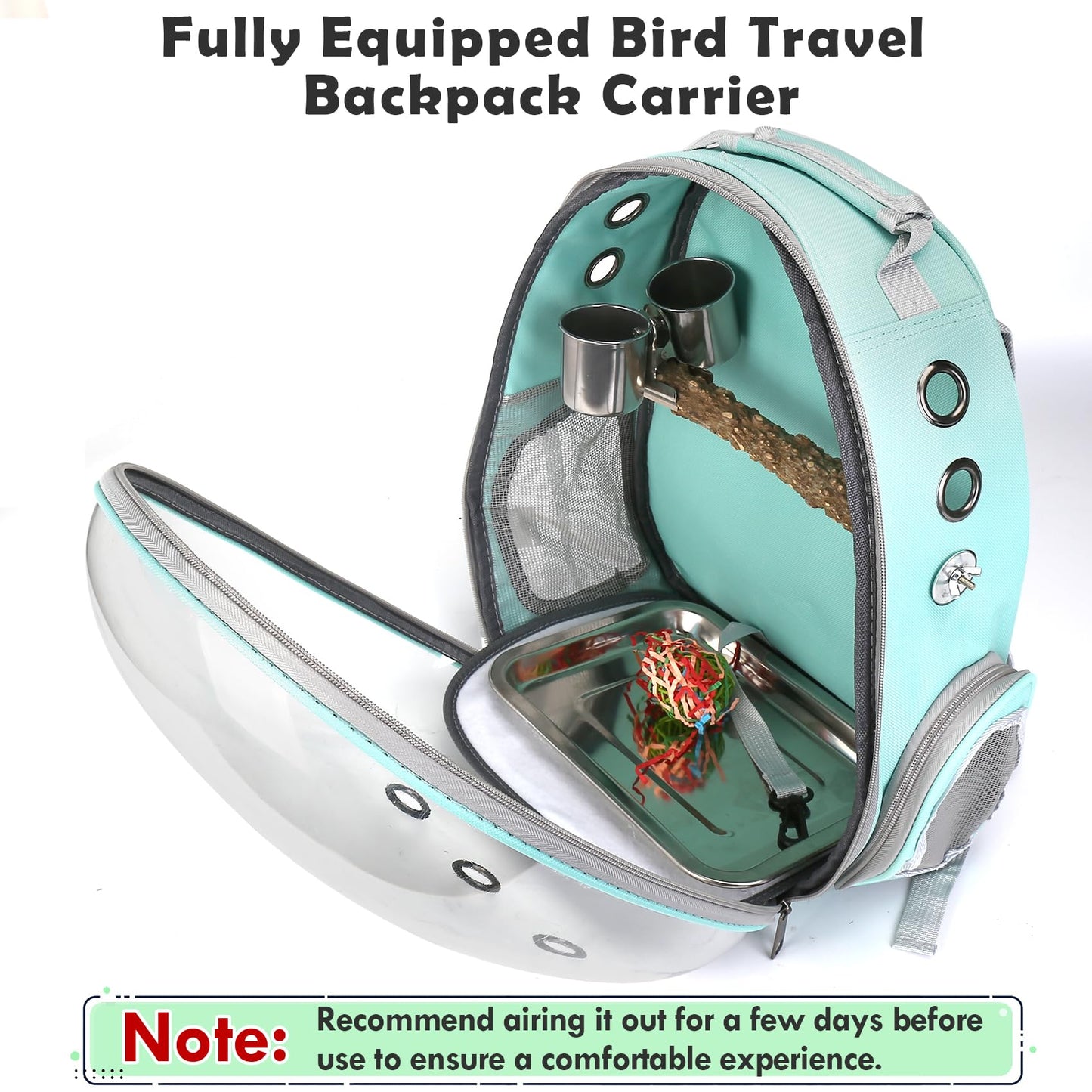 Bird Backpack Carrier with Perch, Portable Bird Travel Cage Bag, Clear Parrot Carrier Cockatiel Cage with Toy Stainless Steel Food Bowl Tray for Conures Parakeet Budgie Canary Lovebirds Small Animals