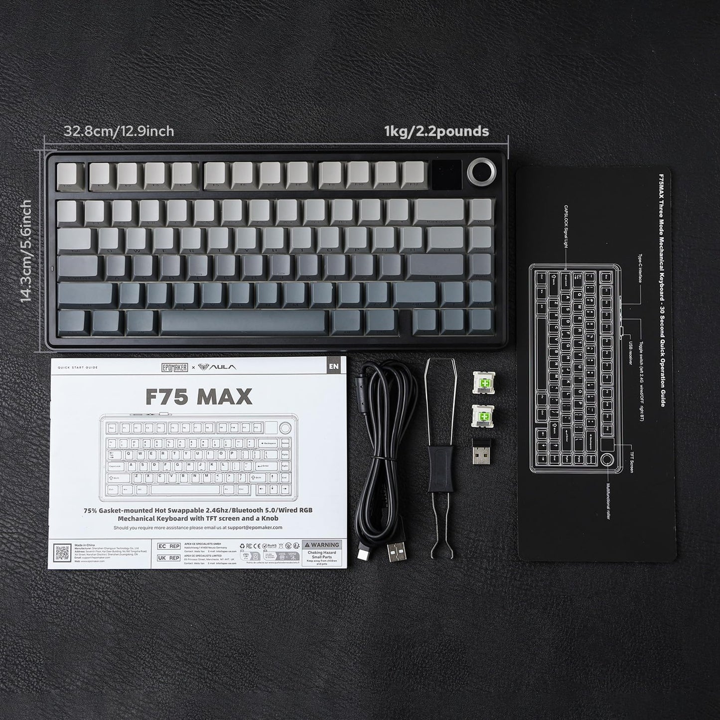 EPOMAKER X Aula F75 MAX Tri-Mode Wireless Gaming Keyboard, TFT Screen, Knob, Hot Swappable, 2.4GHz/Type-C/BT5.0, Gasket Creamy, for PC/Mac/Office/Gaming (Black Gradient)