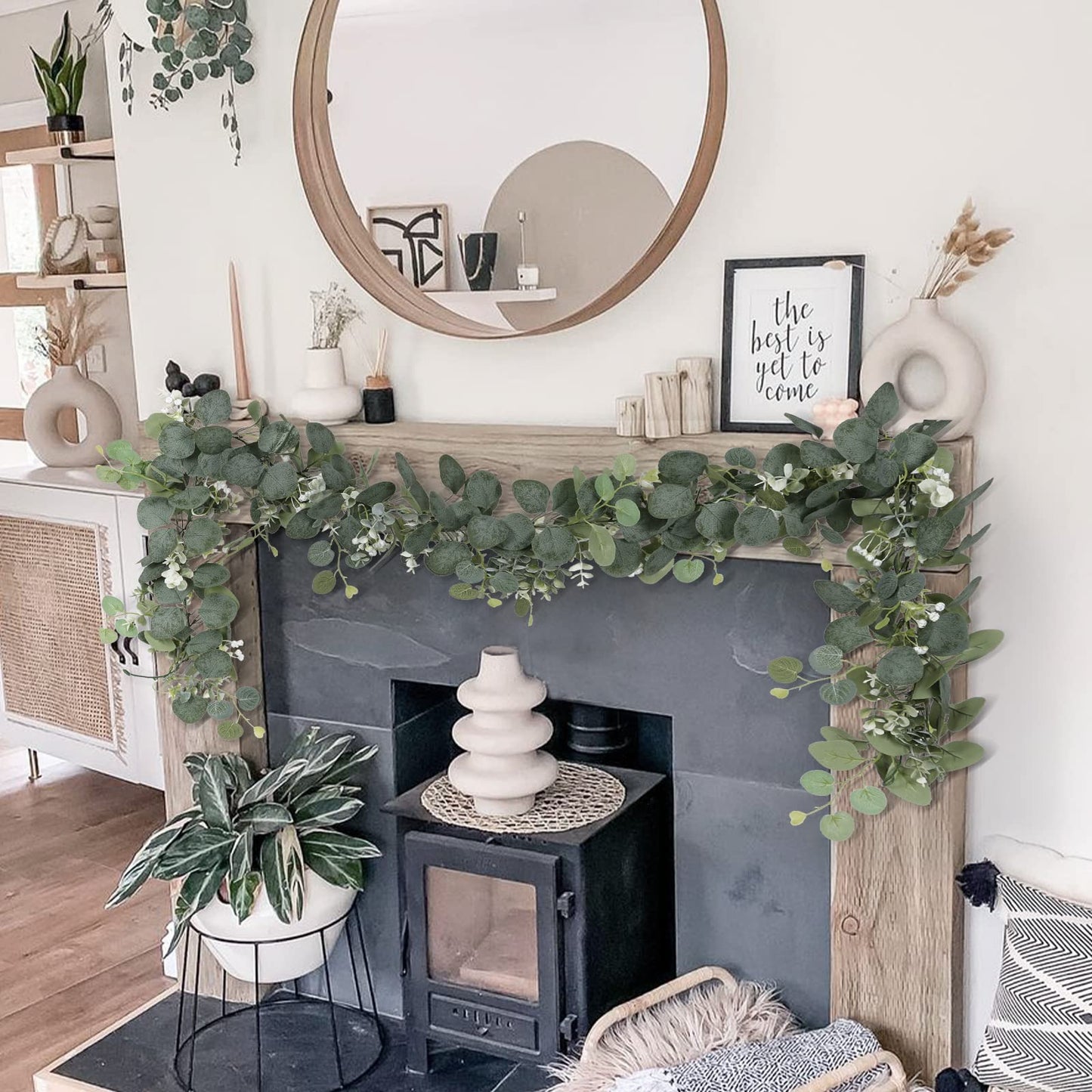 SOMYTING Artificial Eucalyptus Garland, 4 Packs 5.9Ft Faux Greenery Vines with White Babys Breath Flowers Gypsophila Fake Silver Dollar Eucalyptus Leaves Vines for Wedding Party Mantle Table Decor