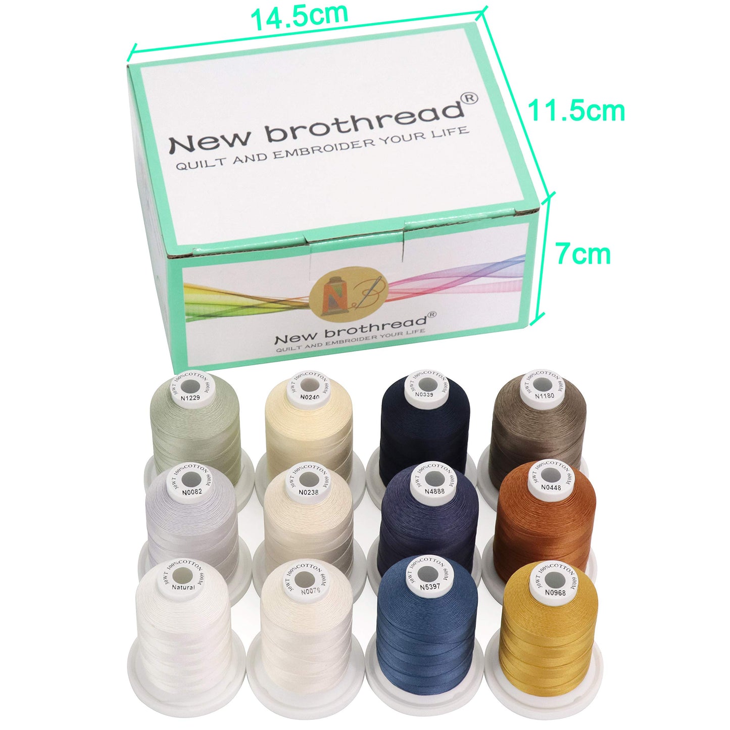 New brothread - 18 Options - Multi-Purpose 100% Mercerized Cotton Threads 50S/3 600M(660Y) Each Spool for for Quilting, Serger, Sewing and Embroidery - 12 Neutral&Jean Colors