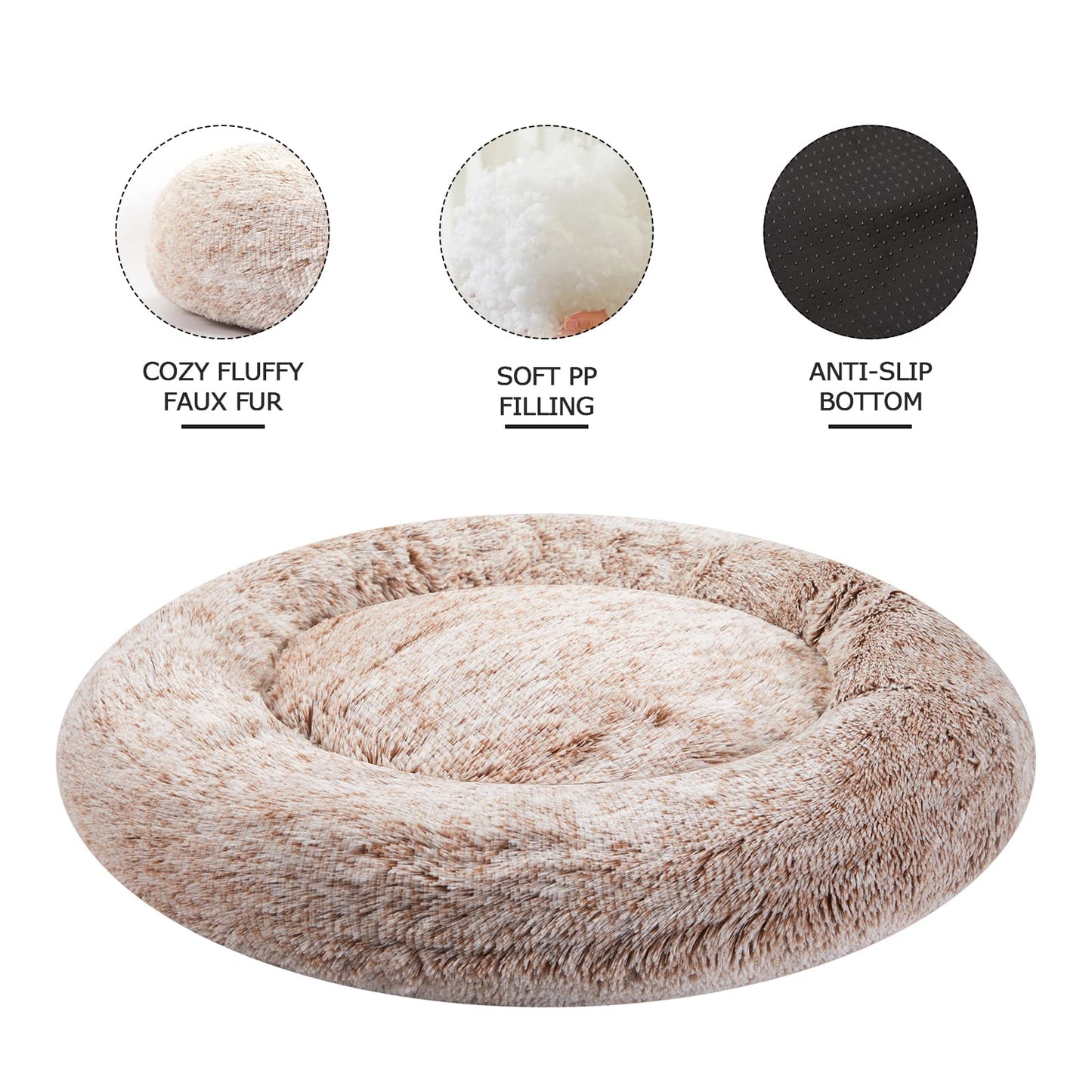 Bedfolks Calming Donut Dog Bed, 30 Inches Round Fluffy Dog Beds for Midium Dogs, Anti-Anxiety Plush Dog Bed, Washable Pet Bed with Non-Slip Bottom (Brown, Medium)