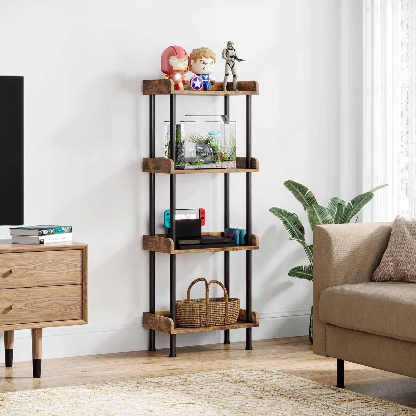 Hosfais Bookshelf Small Book Shelf, 4 Tier Wood Bookcase Industrial Bookshelf Metal Standing Book Shelves Display Book Rack for Living Room Bedroom Home Office (Rustic Brown)