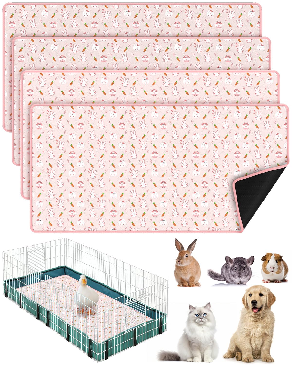 Bissap 4 Packs Guinea Pig Cage Liners, 47''X24'' Washable Guinea Pig Pee Pads Non Slip Reusable Fast and Super Absorbent Bedding for Small Animals Rabbit Hamster Chinchillas Rat - Pink