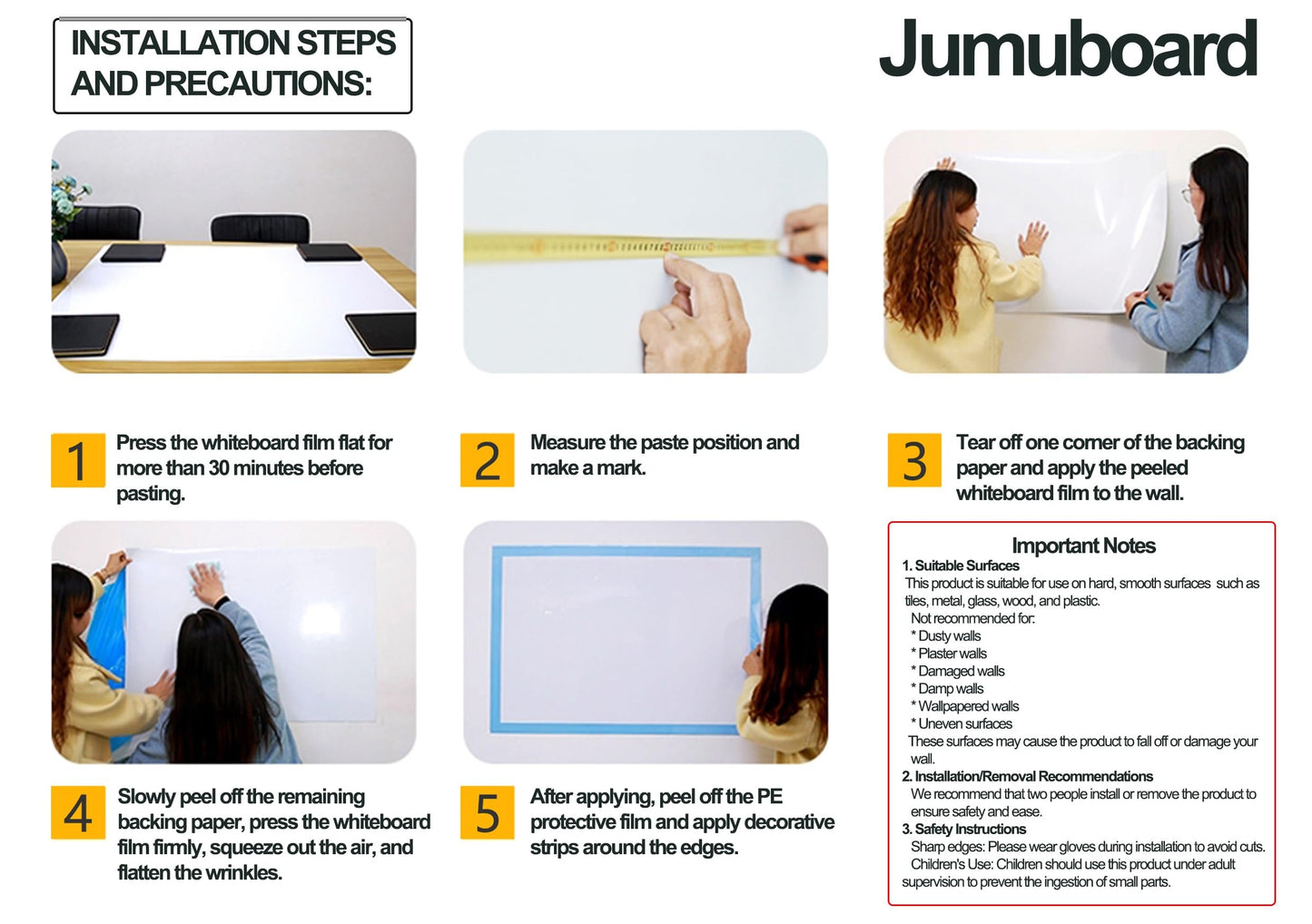JUMUBOARD Self-Adhesive Dry Erase Whiteboard Sticker, 31.5" x 15.75" (80x40cm) Magnetic Receptive White Board Wall Film, No Ghosting, Easy Write & Clean | Peel & Stick for Office, Home & Classroom
