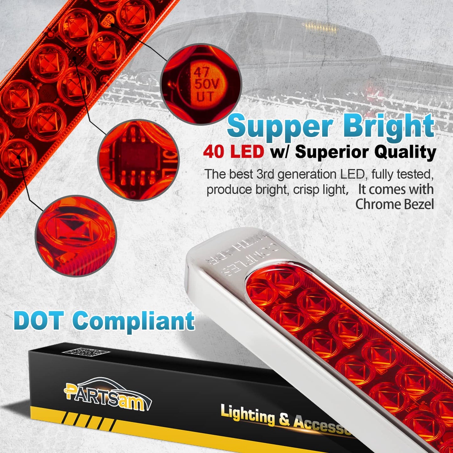 Partsam Waterproof 17" Inch High Power 40 LED Red Utility Trailer Truck RV Stop Tail Turn 3rd Brake Marker Identification Light Bar w/Chrome Bezel (Pack of 2)