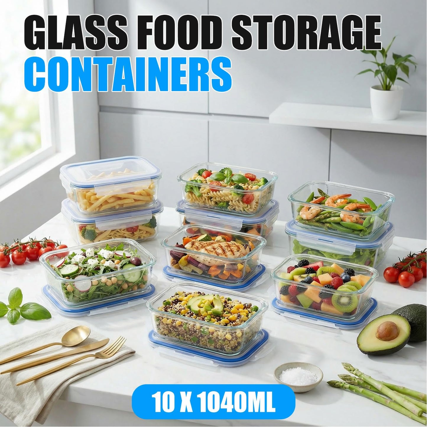 Stelive 10 Pack 1040ML Glass Food Storage Containers, Glass Meal Prep Containers, Airtight Lunch Bento Box with Leakproof Lids for Kitchen Storage & Organisation, for Microwave, Oven & Freezer