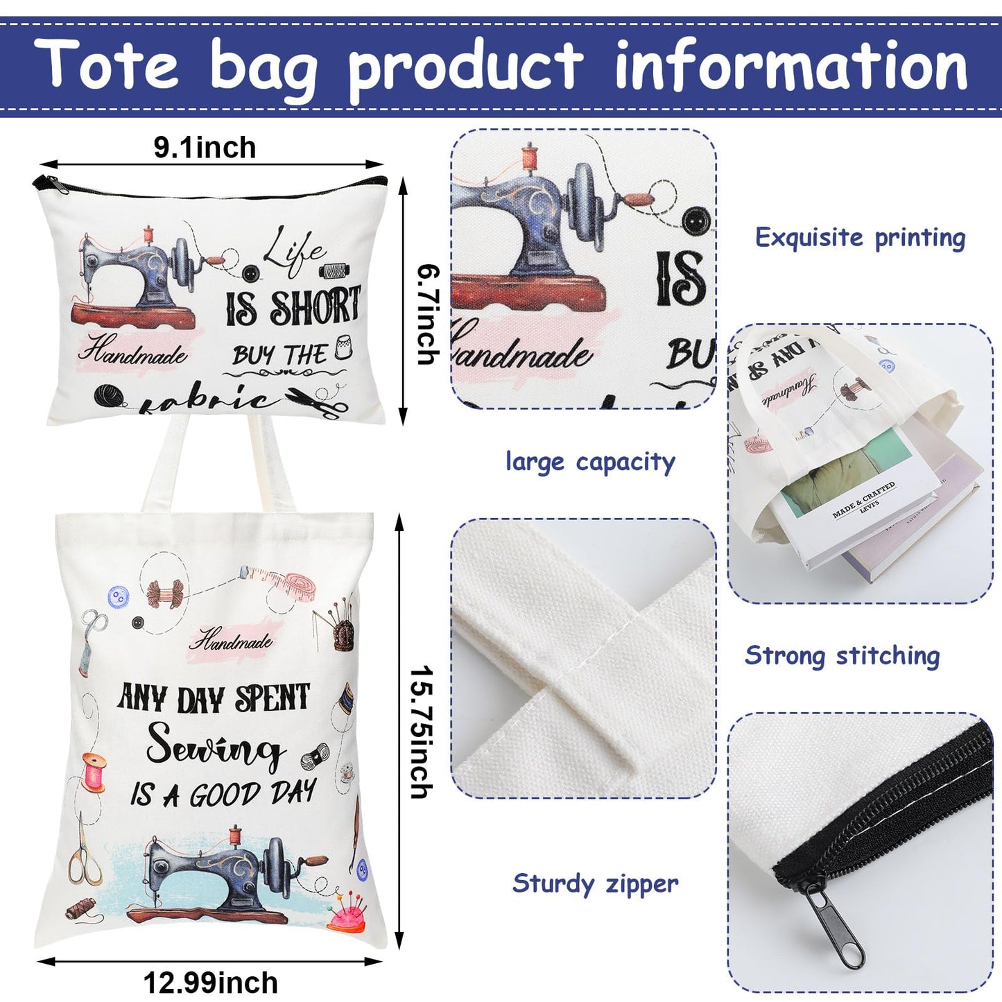 Abbylike 5 Pcs Sewing Gifts for Seamstress Women Gifts Canvas Bag Cosmetic Bag Quilting Coffee Mug Socks 11 oz Cup Quilter Keychain Funny Presents for Mom Quilters Sewing Lovers(White,Classic)