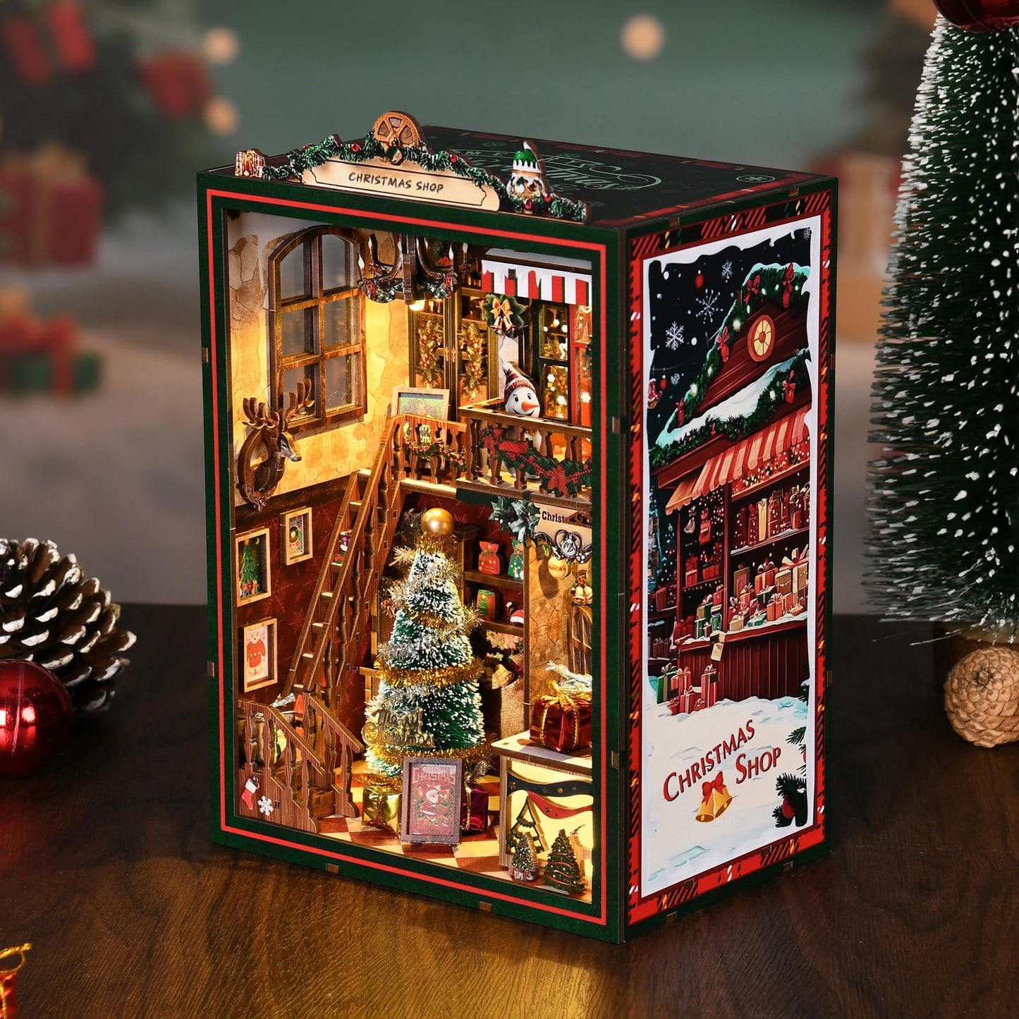cjc Christmas Book Nook Kit for Adult - DIY Miniature Dollhouse Book Nook with Music Tiny House, 3D Wooden Puzzle Bookshelf Decor for Adults, Creative for Family Friends‌