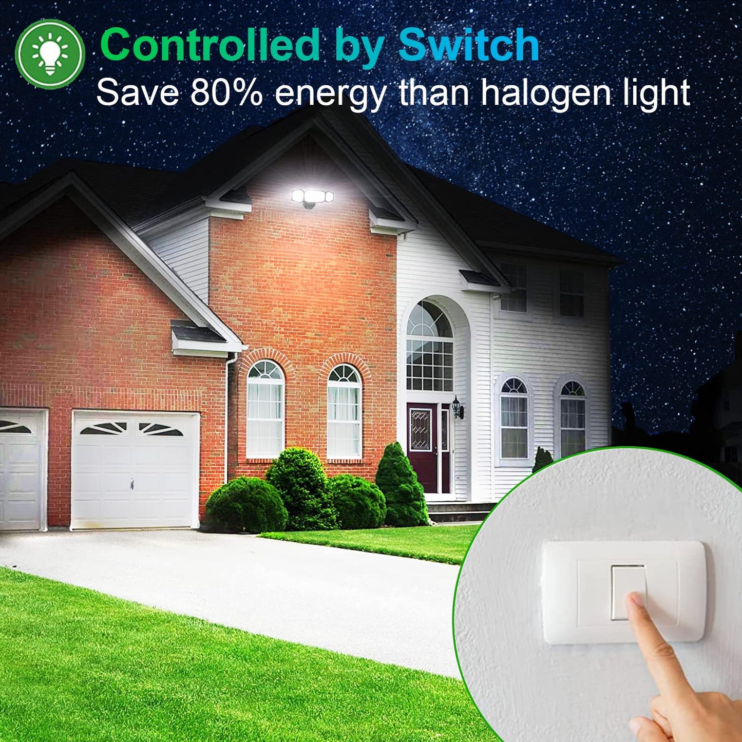FLITI 50W Flood Light Outdoor, 5000LM Super Bright LED Flood Light, Switch Controlled Security Lights with 3 Adjustable Heads, IP65 Waterproof, 5000K Wall Mount Outdoor Light for Porch, Garage, Yard