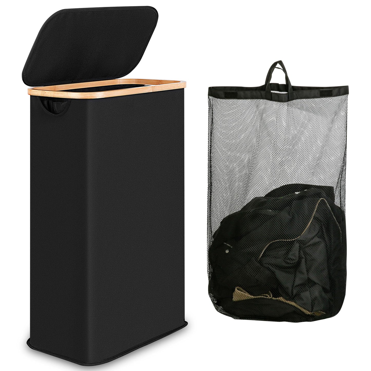 iEGrow 60L Slim Laundry Hamper with Lid Hampers for Laundry,Narrow Laundry Basket with Removable Inner Bag & Bamboo Handles Tall Thin Clothes Hamper for Clothes Towels Organization（Black）