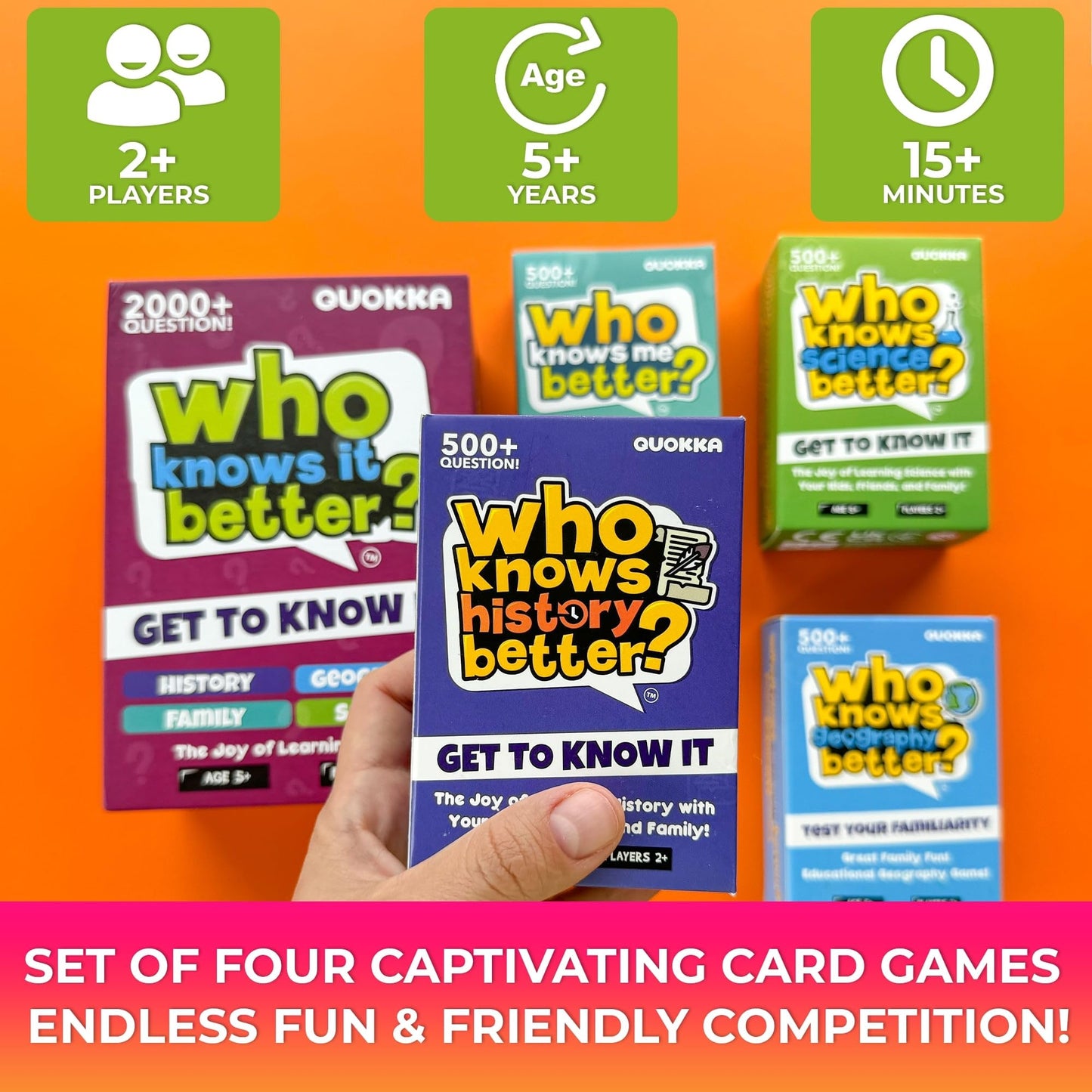 Family Board Games for Kids 8-12 — Set 4 in 1 Family Games for Kids and Adults — Who Knows It Better — 2000+ Questions for Ages 5+ — Teens Fun and Educational Card Quiz Gift for Travel and Party