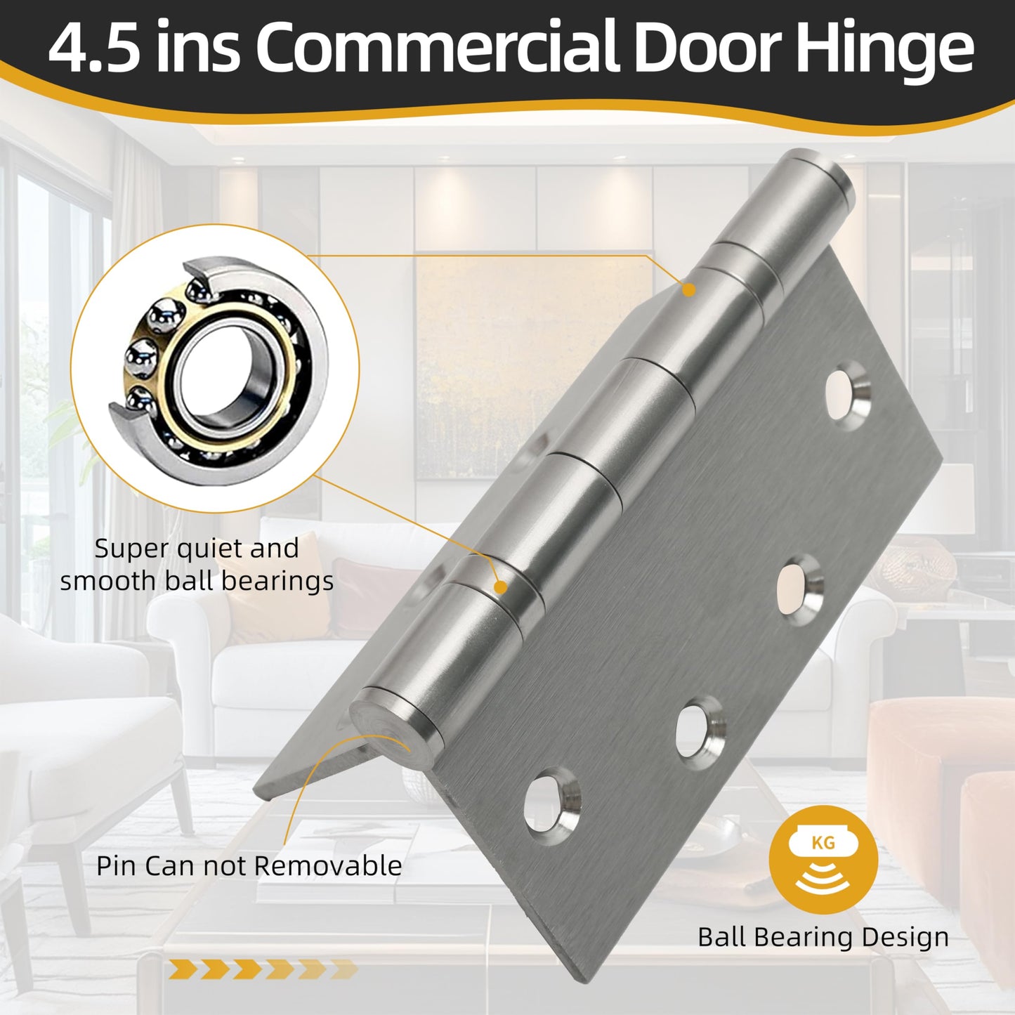4.5 inch X 4.5 inch Heavy Duty Commercial Door Hinge with Silent Steel Plain Ball Bearing, 3 mm Thickness Stainless Steel, Square Corner with 144 Screws (6-Pack)