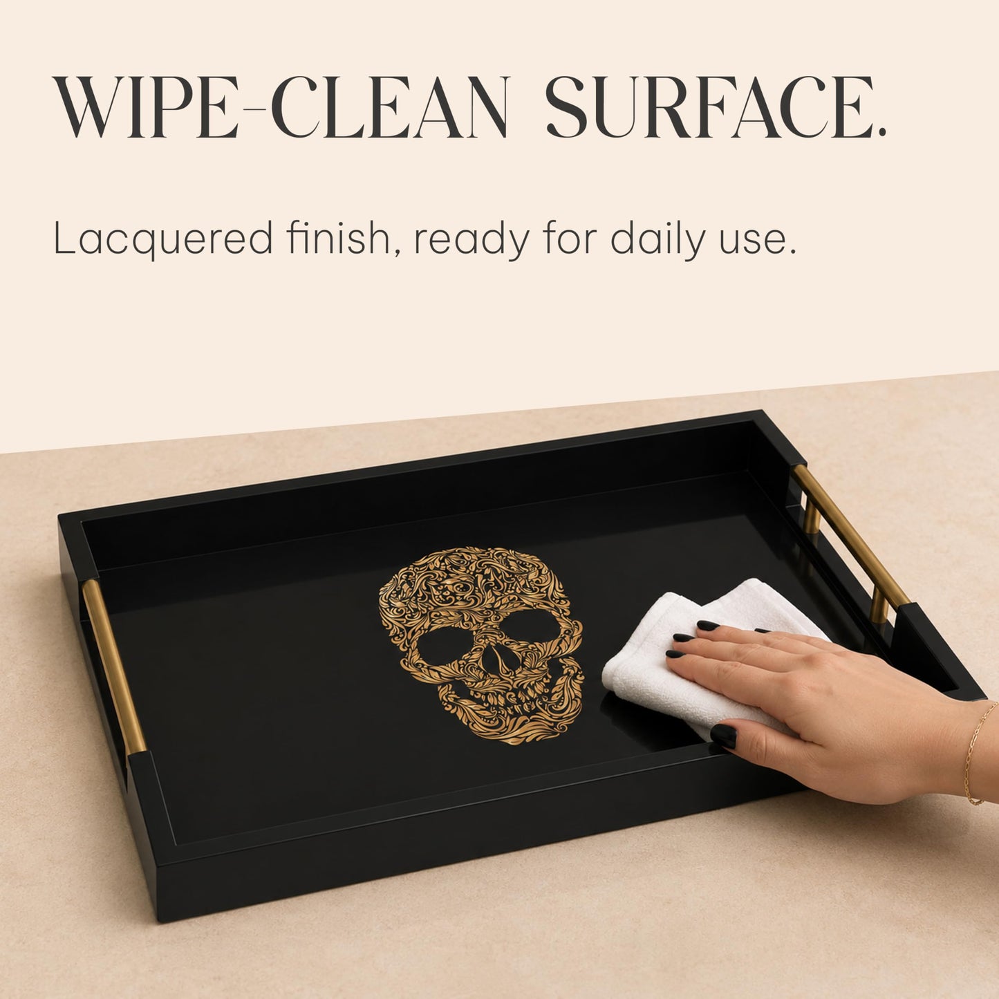 Death Decor Modern Serving Tray with Skull Design Gothic Ottoman Tray, Tea and Coffee Table Tray, Jewelry Bathroom Organizer, Gift, Christmas, Gloss Finish