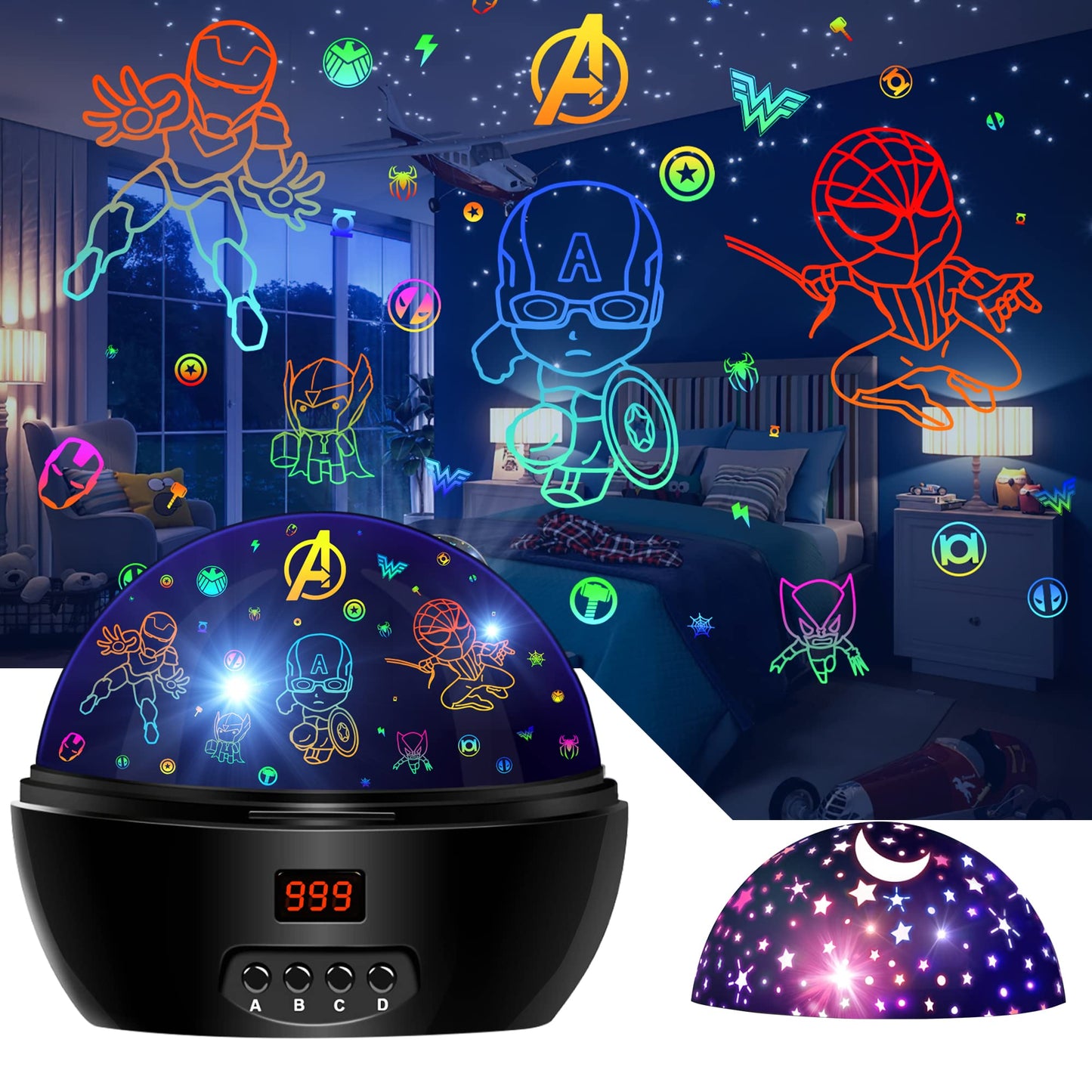 Kid Light Projector Superhero Toys for Boys 5-7 Avengers Night Light Projector with Timer for Kids Room, 360 Degree Rotation Toddler Night Lights Star Projector