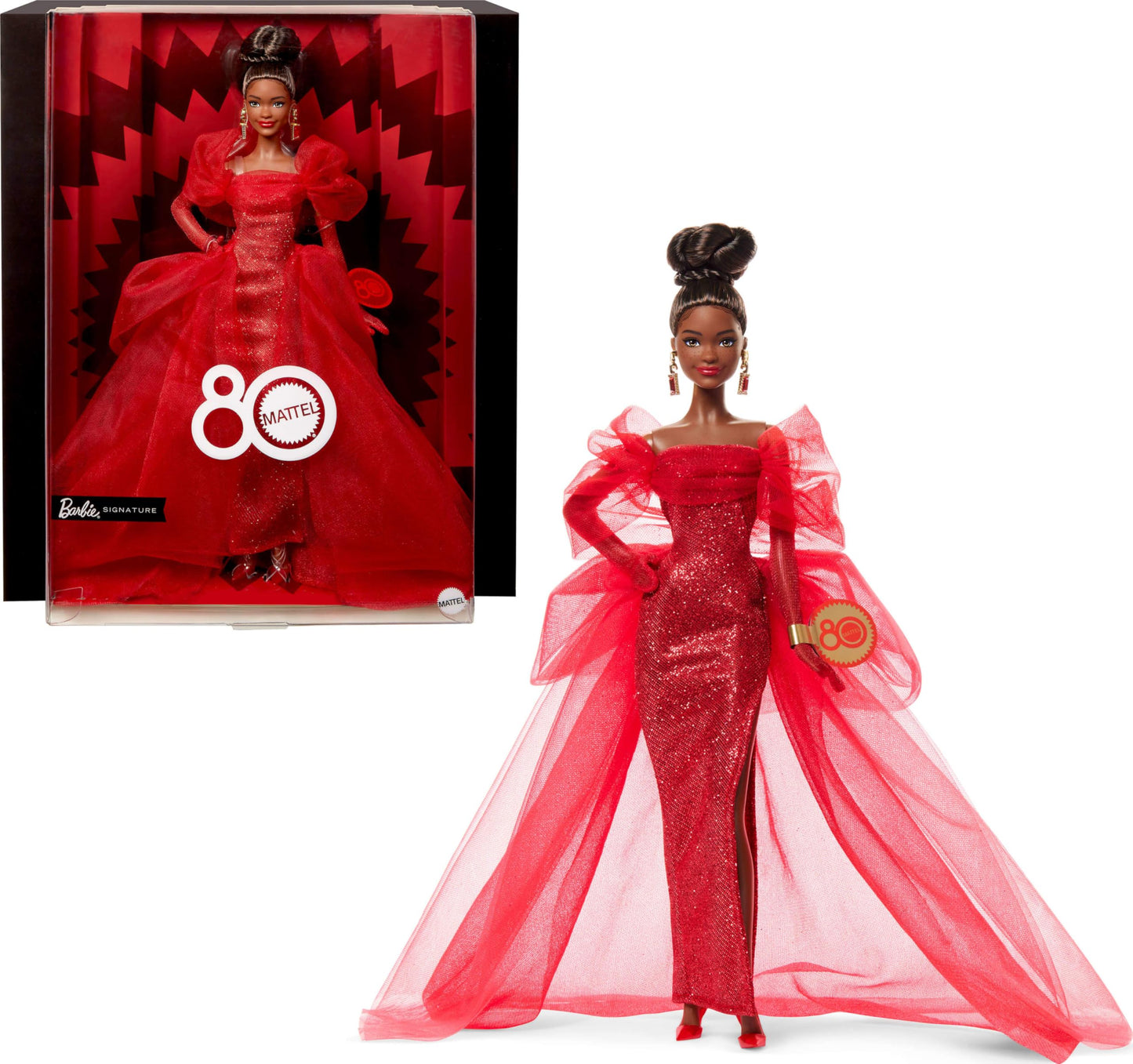 Barbie Signature Doll, Mattel 80th Anniversary Collectible in Glittery Red Tulle Gown with Drop Earrings and Sheer Gloves, Brunette