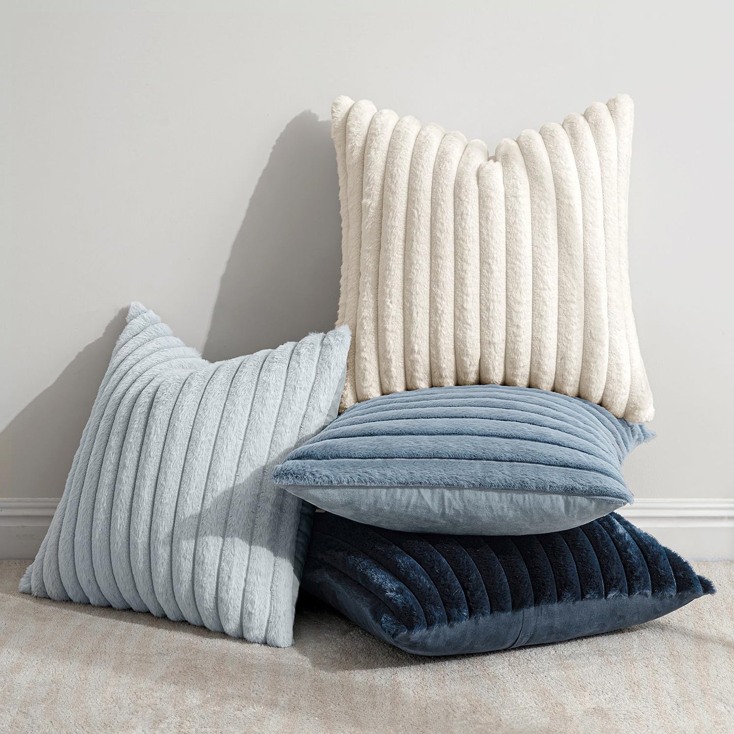 MIULEE Faux Fur Plush Decorative Throw Pillow Covers 18x18 Set of 4, Modern Soft Fuzzy Coastal Striped Cushion Covers for Sofa Couch Bed Living Room Cozy Home Decor,Navy Blue